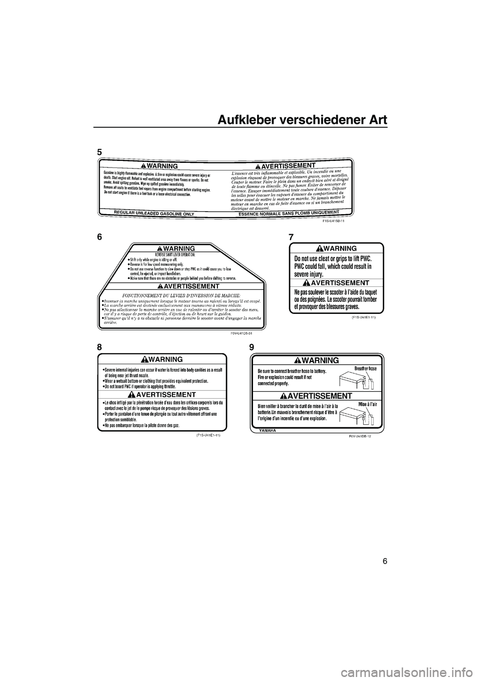 YAMAHA FX HO 2007  Betriebsanleitungen (in German) Aufkleber verschiedener Art
6
UF1X71G0.book  Page 6  Wednesday, September 27, 2006  1:48 PM 