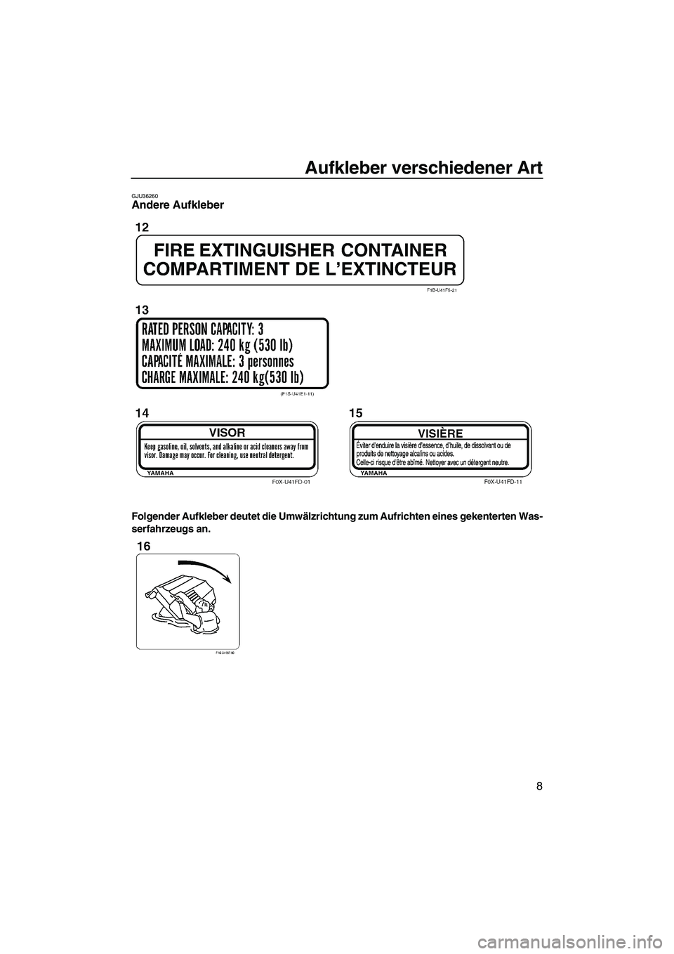 YAMAHA FX HO 2007  Betriebsanleitungen (in German) Aufkleber verschiedener Art
8
GJU36260Andere Aufkleber 
Folgender Aufkleber deutet die Umwälzrichtung zum Aufrichten eines gekenterten Was-
serfahrzeugs an.
UF1X71G0.book  Page 8  Wednesday, Septembe