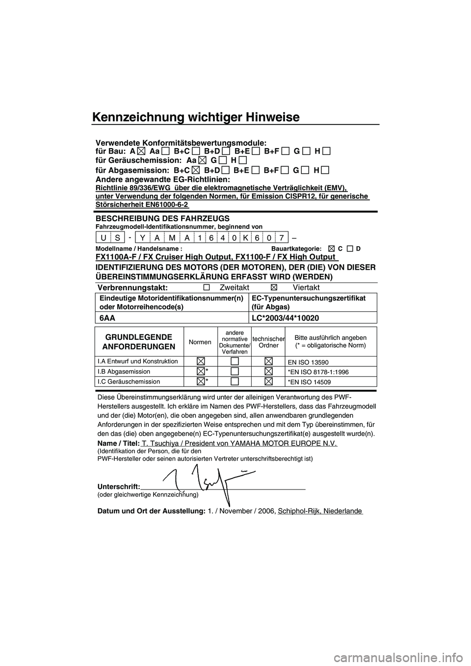 YAMAHA FX HO 2007 Betriebsanleitungen (in German) Kennzeichnung wichtiger Hinweise
Diese Übereinstimmungserklärung wird unter der alleinigen Verantwortung des PWF-
Herstellers ausgestellt. Ich erkläre im Namen des PWF-Herstellers, dass das Fahrzeu YAMAHA FX HO 2007 Betriebsanleitungen (in German) Kennzeichnung wichtiger Hinweise
Diese Übereinstimmungserklärung wird unter der alleinigen Verantwortung des PWF-
Herstellers ausgestellt. Ich erkläre im Namen des PWF-Herstellers, dass das Fahrzeu