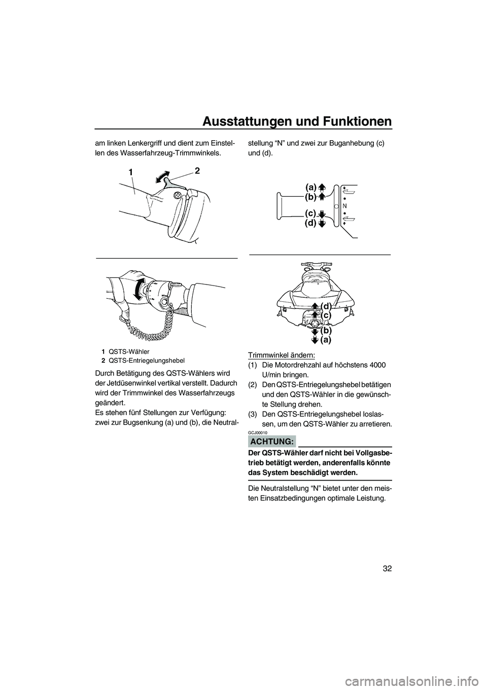 YAMAHA FX HO 2007  Betriebsanleitungen (in German) Ausstattungen und Funktionen
32
am linken Lenkergriff und dient zum Einstel-
len des Wasserfahrzeug-Trimmwinkels.
Durch Betätigung des QSTS-Wählers wird 
der Jetdüsenwinkel vertikal verstellt. Dadu