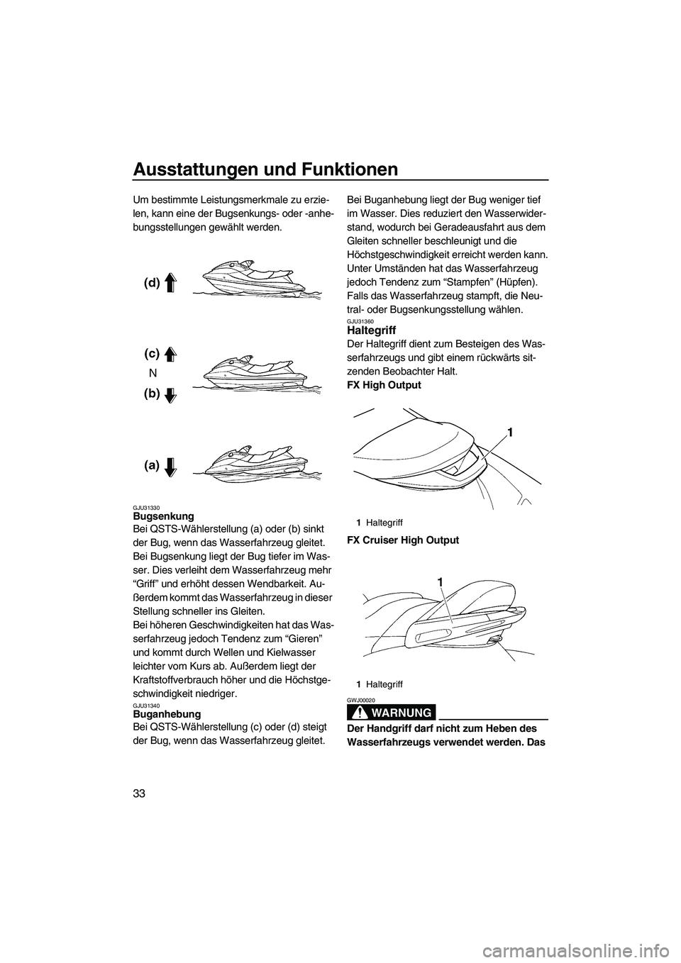 YAMAHA FX HO 2007  Betriebsanleitungen (in German) Ausstattungen und Funktionen
33
Um bestimmte Leistungsmerkmale zu erzie-
len, kann eine der Bugsenkungs- oder -anhe-
bungsstellungen gewählt werden.
GJU31330Bugsenkung 
Bei QSTS-Wählerstellung (a) o