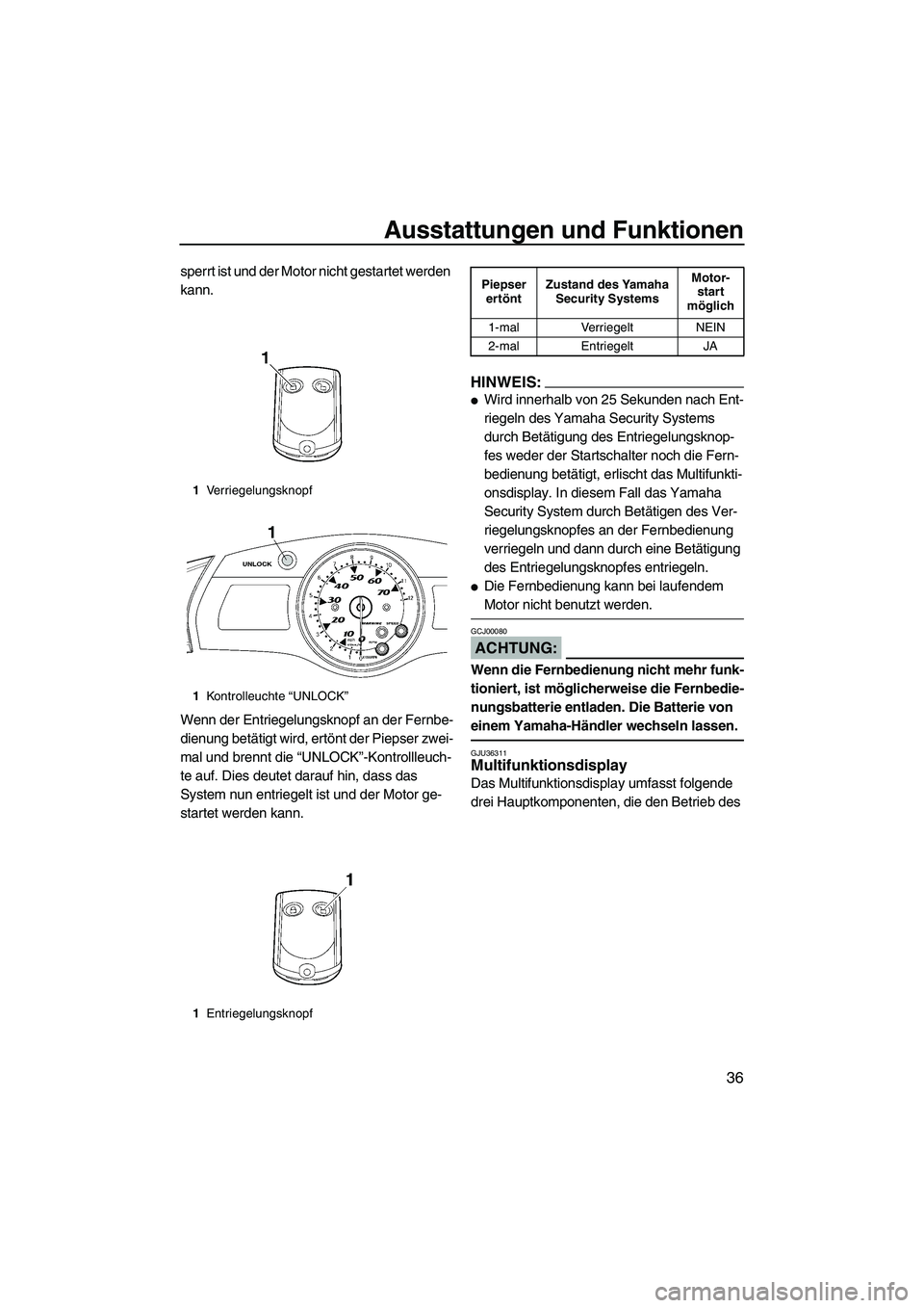 YAMAHA FX HO CRUISER 2007  Betriebsanleitungen (in German) Ausstattungen und Funktionen
36
sperrt ist und der Motor nicht gestartet werden 
kann.
Wenn der Entriegelungsknopf an der Fernbe-
dienung betätigt wird, ertönt der Piepser zwei-
mal und brennt die 