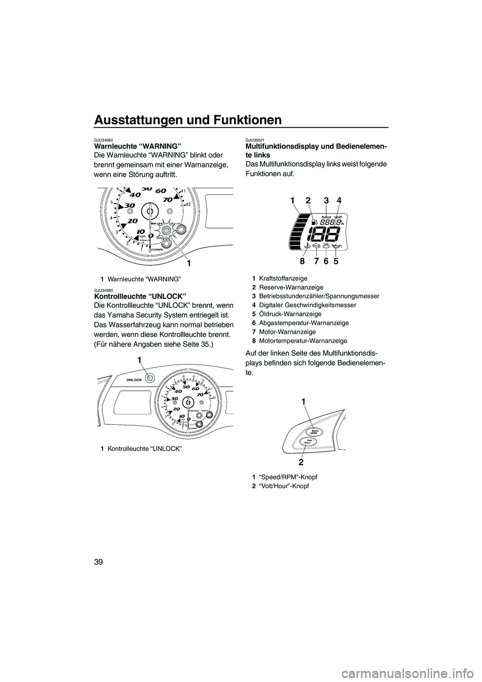 YAMAHA FX HO CRUISER 2007  Betriebsanleitungen (in German) Ausstattungen und Funktionen
39
GJU34980Warnleuchte “WARNING” 
Die Warnleuchte “WARNING” blinkt oder 
brennt gemeinsam mit einer Warnanzeige, 
wenn eine Störung auftritt.
GJU34990Kontrollleuc