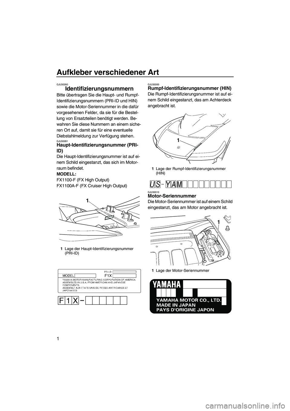 YAMAHA FX HO 2007 Betriebsanleitungen (in German) Aufkleber verschiedener Art
1
GJU30260
Identifizierungsnummern
Bitte übertragen Sie die Haupt- und Rumpf-
Identifizierungsnummern (PRI-ID und HIN)
sowie die Motor-Seriennummer in die dafür
vorges YAMAHA FX HO 2007 Betriebsanleitungen (in German) Aufkleber verschiedener Art
1
GJU30260
Identifizierungsnummern
Bitte übertragen Sie die Haupt- und Rumpf-
Identifizierungsnummern (PRI-ID und HIN)
sowie die Motor-Seriennummer in die dafür
vorges