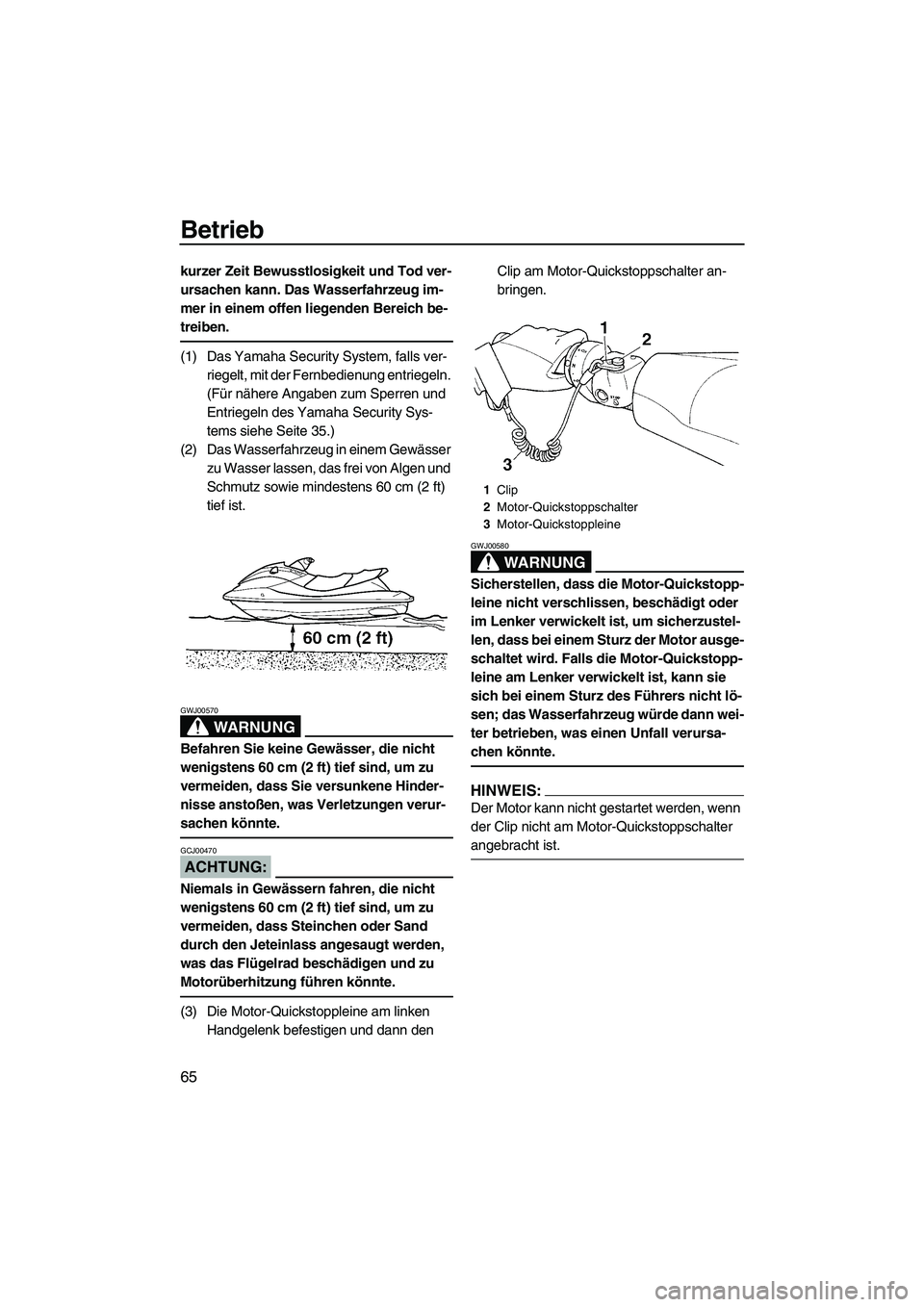 YAMAHA FX HO 2007  Betriebsanleitungen (in German) Betrieb
65
kurzer Zeit Bewusstlosigkeit und Tod ver-
ursachen kann. Das Wasserfahrzeug im-
mer in einem offen liegenden Bereich be-
treiben.
(1) Das Yamaha Security System, falls ver-
riegelt, mit der