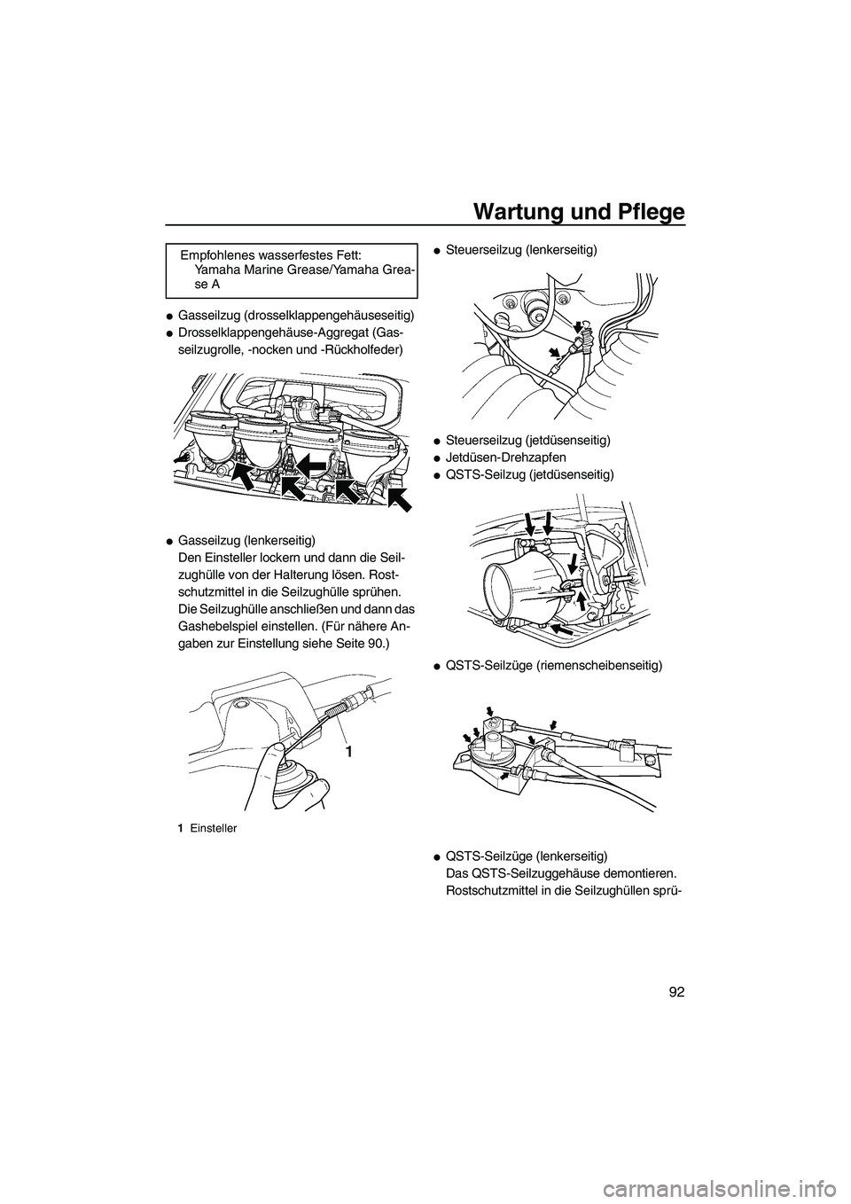 YAMAHA FX HO 2007  Betriebsanleitungen (in German) Wartung und Pflege
92
Gasseilzug (drosselklappengehäuseseitig)
Drosselklappengehäuse-Aggregat (Gas-
seilzugrolle, -nocken und -Rückholfeder)
Gasseilzug (lenkerseitig)
Den Einsteller lockern und 