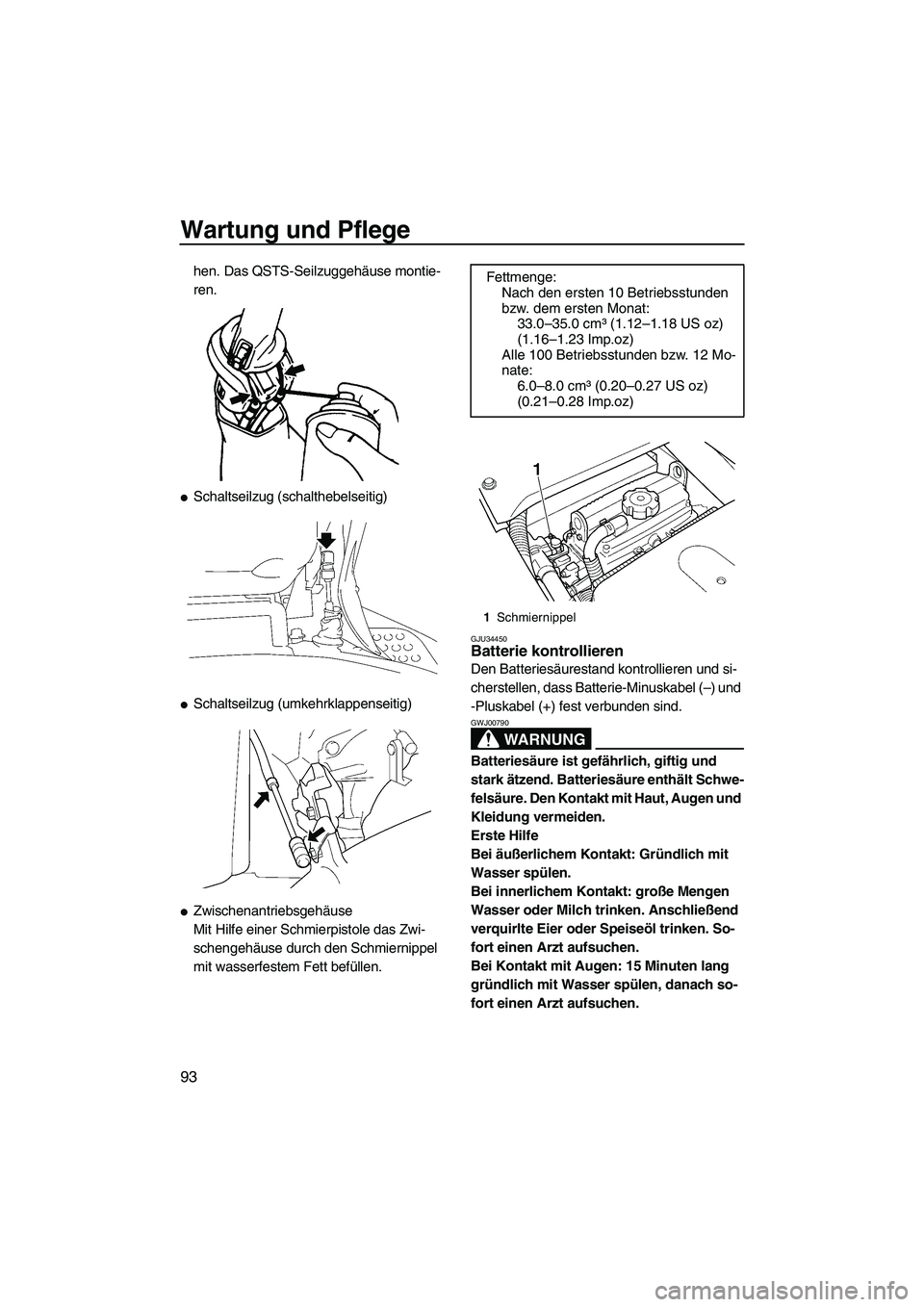 YAMAHA FX HO 2007  Betriebsanleitungen (in German) Wartung und Pflege
93
hen. Das QSTS-Seilzuggehäuse montie-
ren.
Schaltseilzug (schalthebelseitig)
Schaltseilzug (umkehrklappenseitig)
Zwischenantriebsgehäuse
Mit Hilfe einer Schmierpistole das Zw