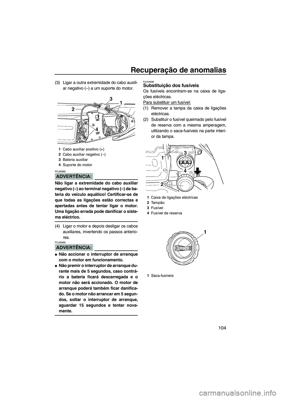 YAMAHA FX HO CRUISER 2007 Manual de utilização (in Portuguese) Recuperação de anomalias
104
(3) Ligar a outra extremidade do cabo auxili-
ar negativo (–) a um suporte do motor.
ADVERTÊNCIA:
PCJ00680
Não ligar a extremidade do cabo auxiliar
negativo (–) ao YAMAHA FX HO CRUISER 2007 Manual de utilização (in Portuguese) Recuperação de anomalias
104
(3) Ligar a outra extremidade do cabo auxili-
ar negativo (–) a um suporte do motor.
ADVERTÊNCIA:
PCJ00680
Não ligar a extremidade do cabo auxiliar
negativo (–) ao