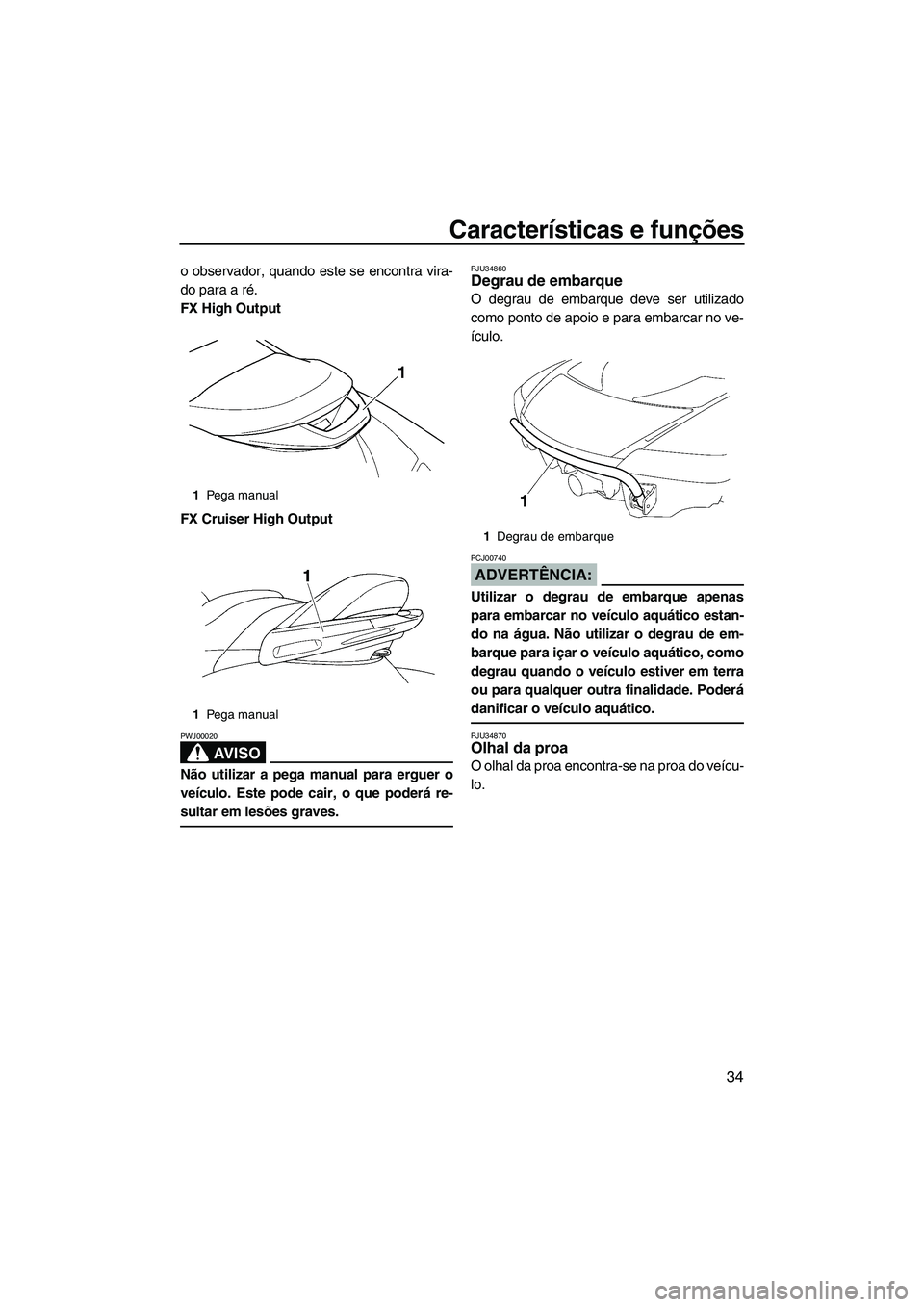 YAMAHA FX HO CRUISER 2007  Manual de utilização (in Portuguese) Características e funções
34
o observador, quando este se encontra vira-
do para a ré.
FX High Output
FX Cruiser High Output
AV I S O
PWJ00020
Não utilizar a pega manual para erguer o
veículo. E
