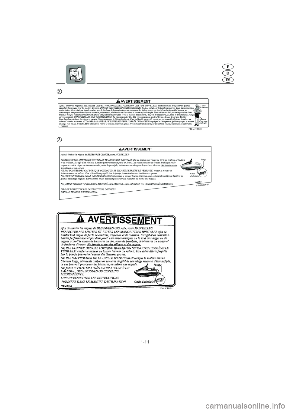 YAMAHA FX HO CRUISER 2006  Notices Demploi (in French) 1-11
D
F
ES
3 2
A_F1X80.book  Page 11  Friday, September 2, 2005  8:50 AM 