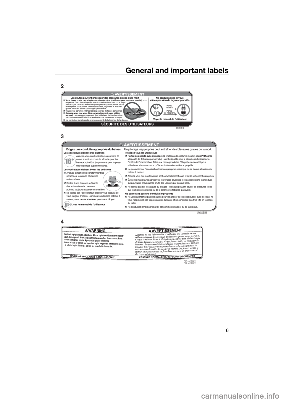 YAMAHA FX HO CRUISER 2020  Owners Manual General and important labels
6
F1S-U415B-11
F1B-U415B-11
2
3
4
F3V-U41B1-30
F3V-U41B1-10
UF3V71E0.book  Page 6  Tuesday, June 25, 2019  9:14 AM 
