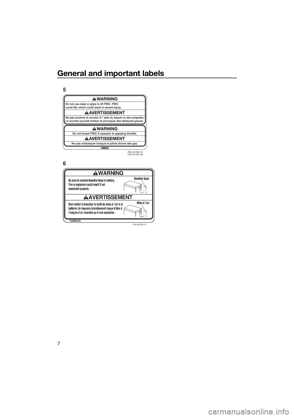 YAMAHA FX HO CRUISER 2020  Owners Manual General and important labels
7
F0V-U41DB-12
5
6
F3V-U416A-10
F3V-U416A-30
UF3V71E0.book  Page 7  Tuesday, June 25, 2019  9:14 AM 