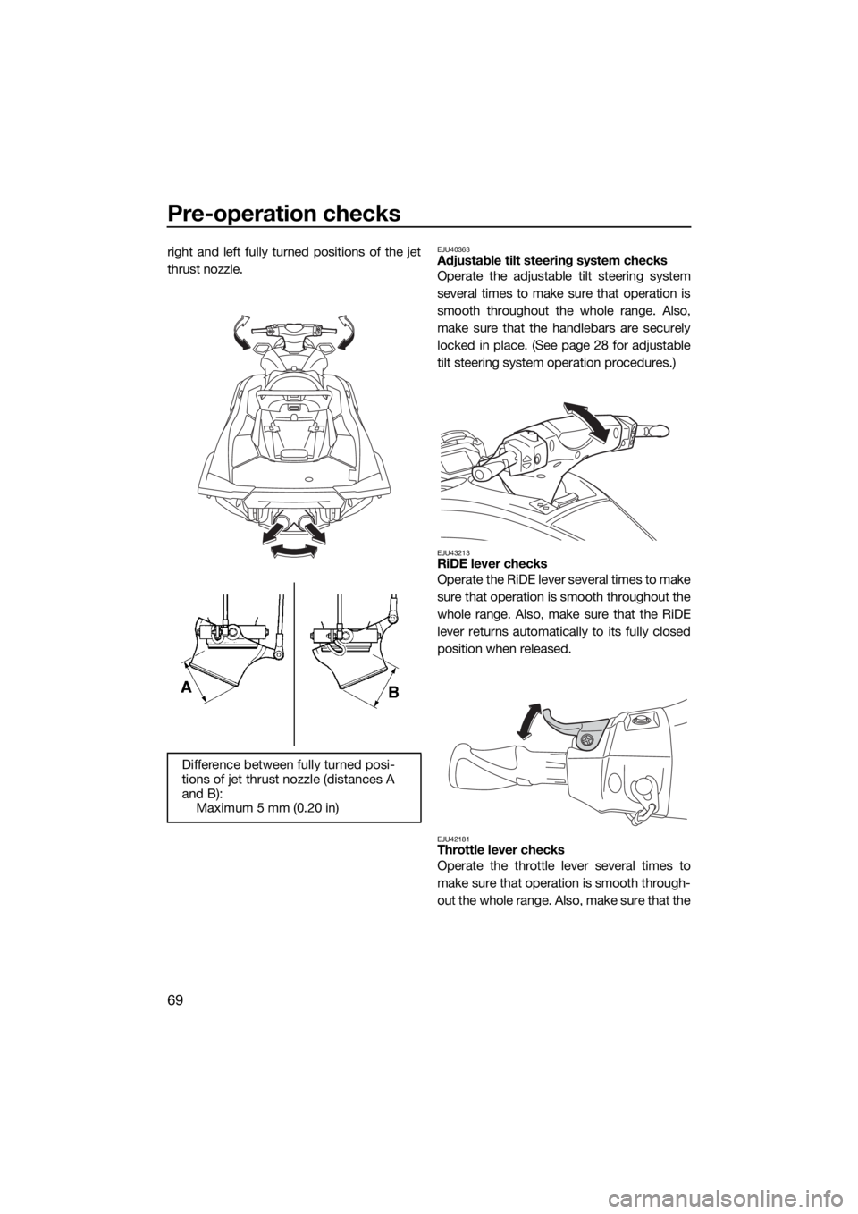 YAMAHA FX HO CRUISER 2020  Owners Manual Pre-operation checks
69
right and left fully turned positions of the jet
thrust nozzle.EJU40363Adjustable tilt steering system checks
Operate the adjustable tilt steering system
several times to make 