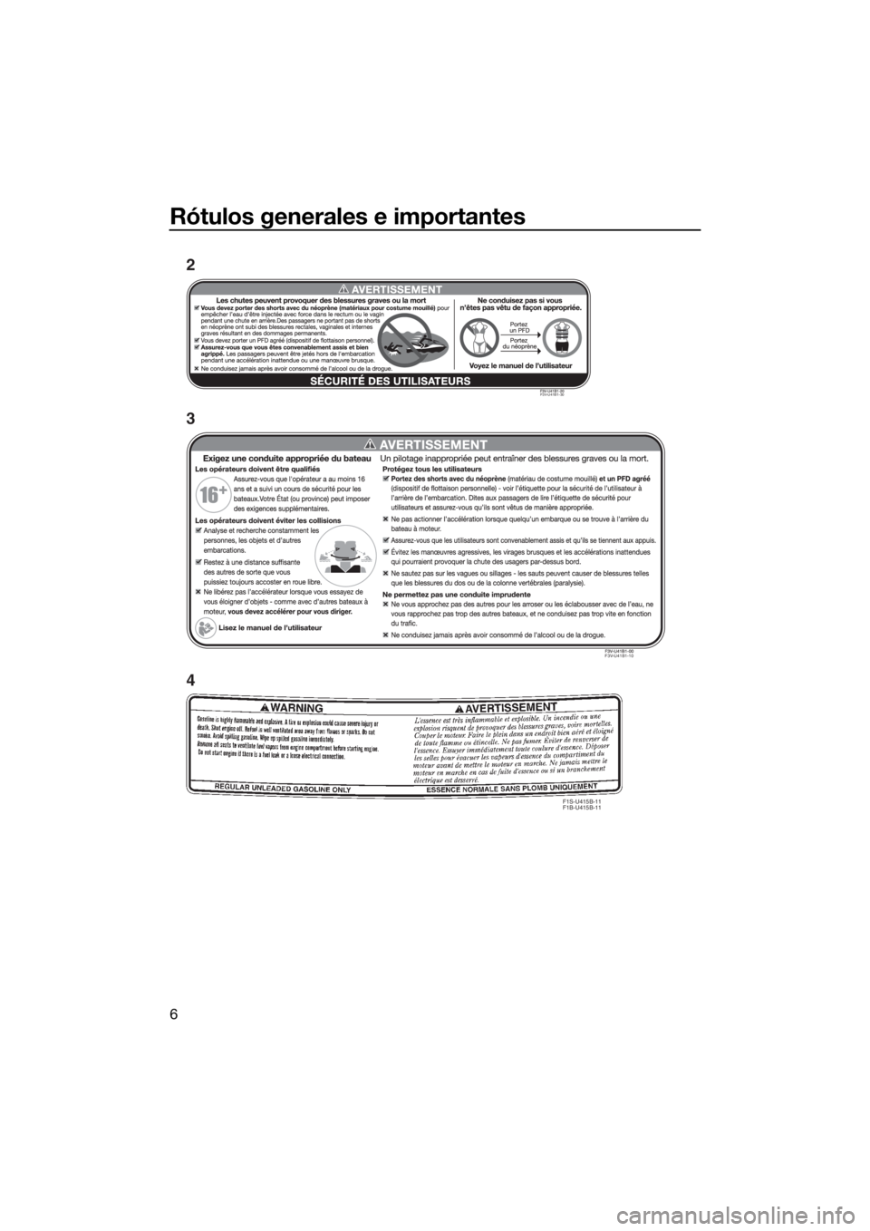 YAMAHA FX HO CRUISER 2020  Manuale de Empleo (in Spanish) Rótulos generales e importantes
6
F1S-U415B-11
F1B-U415B-11
2
3
4
F3V-U41B1-30
F3V-U41B1-10
UF3V71S0.book  Page 6  Tuesday, June 18, 2019  10:50 AM 