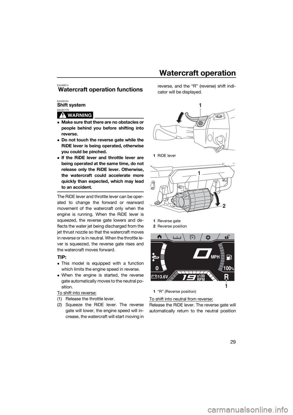 YAMAHA FX HO CRUISER 2019  Owners Manual Watercraft operation
29
EJU40014
Watercraft operation functions
EJU43154Shift system 
WARNING
EWJ01773
Make sure that there are no obstacles or
people behind you before shifting into
reverse.
Do