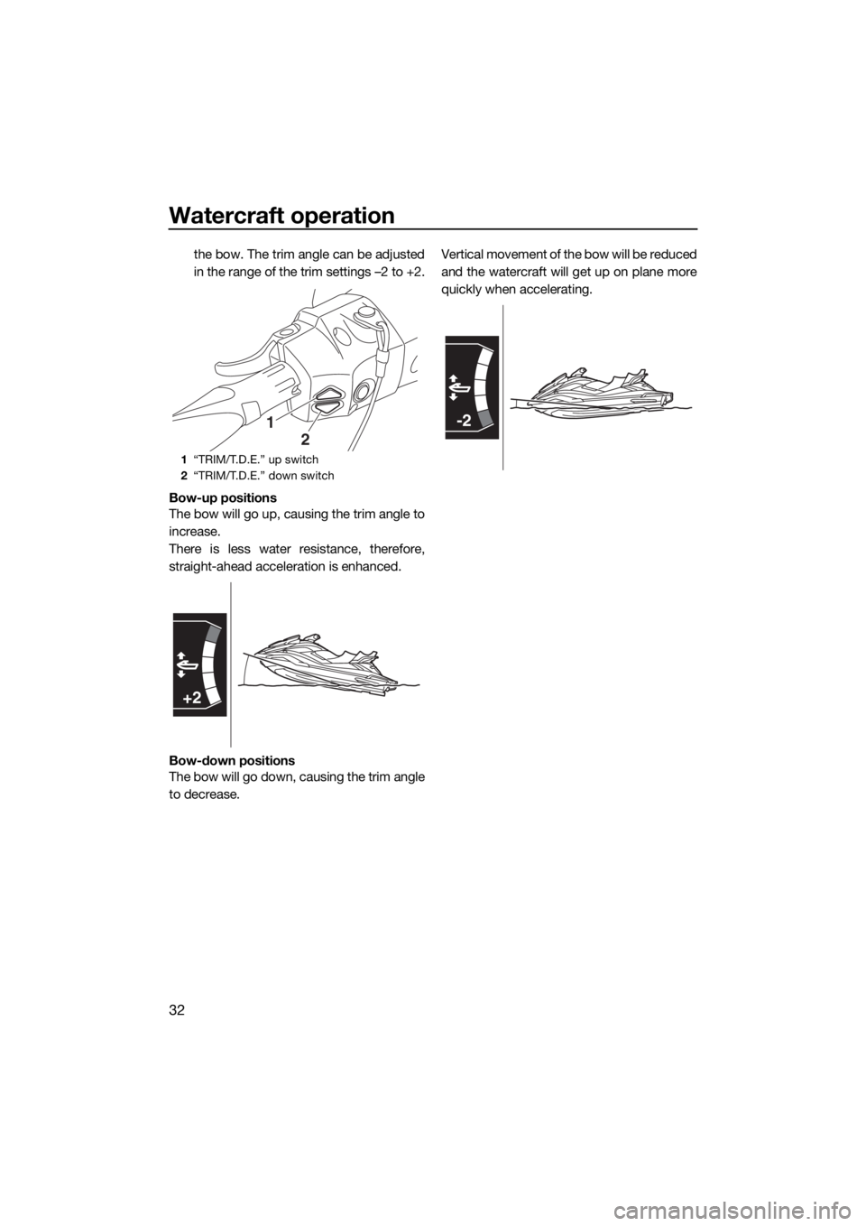 YAMAHA FX HO CRUISER 2019  Owners Manual Watercraft operation
32
the bow. The trim angle can be adjusted
in the range of the trim settings –2 to +2.
Bow-up positions
The bow will go up, causing the trim angle to
increase.
There is less wat
