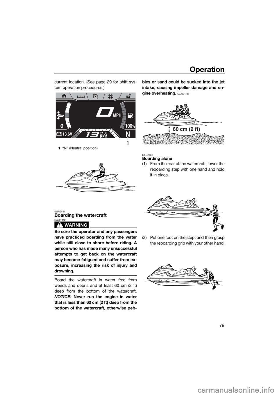 YAMAHA FX HO CRUISER 2019  Owners Manual Operation
79
current location. (See page 29 for shift sys-
tem operation procedures.)
EJU42451Boarding the watercraft
WARNING
EWJ01112
Be sure the operator and any passengers
have practiced boarding f