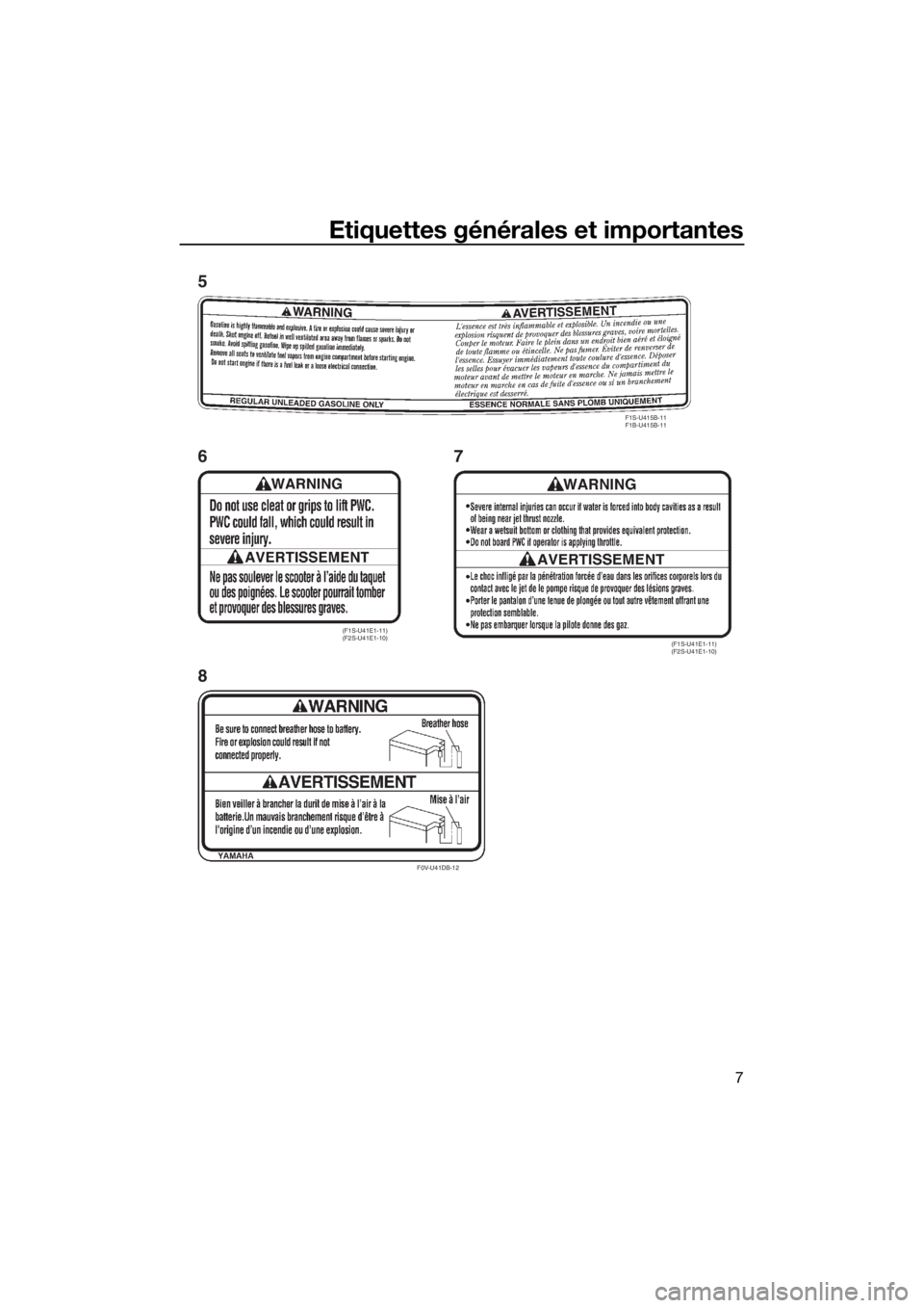 YAMAHA FX HO CRUISER 2019  Notices Demploi (in French) Etiquettes générales et importantes
7
F0V-U41DB-12
(F1S-U41E1-11)
(F2S-U41E1-10)(F1S-U41E1-11)
(F2S-U41E1-10) F1S-U415B-11
F1B-U415B-11
5
8 67
UF3V70F0.book  Page 7  Monday, August 27, 2018  4:55 PM