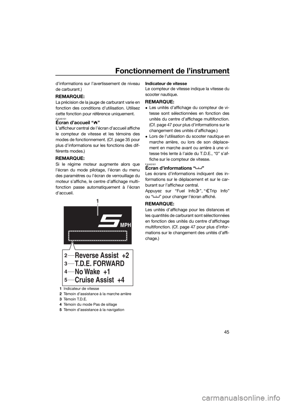YAMAHA FX HO CRUISER 2019 Notices Demploi (in French) Fonctionnement de l’instrument
45
d’informations sur l’avertissement de niveau
de carburant.)
REMARQUE:
La précision de la jauge de carburant varie en
fonction des conditions d’utilisation. U YAMAHA FX HO CRUISER 2019 Notices Demploi (in French) Fonctionnement de l’instrument
45
d’informations sur l’avertissement de niveau
de carburant.)
REMARQUE:
La précision de la jauge de carburant varie en
fonction des conditions d’utilisation. U