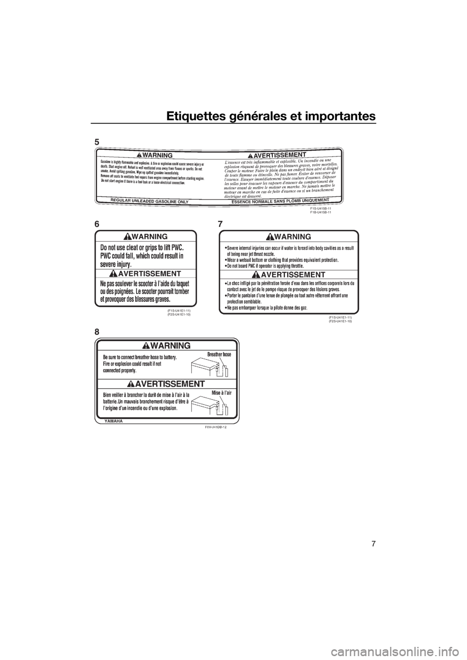 YAMAHA FX HO CRUISER 2018  Notices Demploi (in French) Etiquettes générales et importantes
7
F1S-U415B-11
F1B-U415B-11
(F1S-U41E1-11)
(F2S-U41E1-10)(F1S-U41E1-11)
(F2S-U41E1-10)
5
6
87
UF2T78F0.book  Page 7  Tuesday, July 4, 2017  3:07 PM 