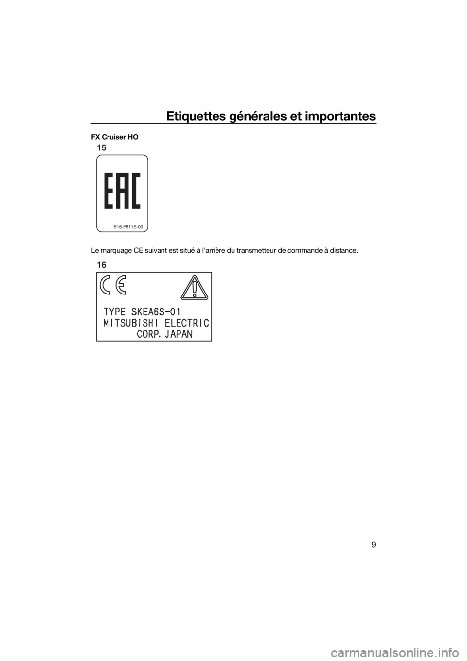 YAMAHA FX HO CRUISER 2018  Notices Demploi (in French) Etiquettes générales et importantes
9
FX Cruiser HO
Le marquage CE suivant est situé à l’arrière du transmetteur de commande à distance.
B16-F811S-00
15
16
UF2T78F0.book  Page 9  Tuesday, July