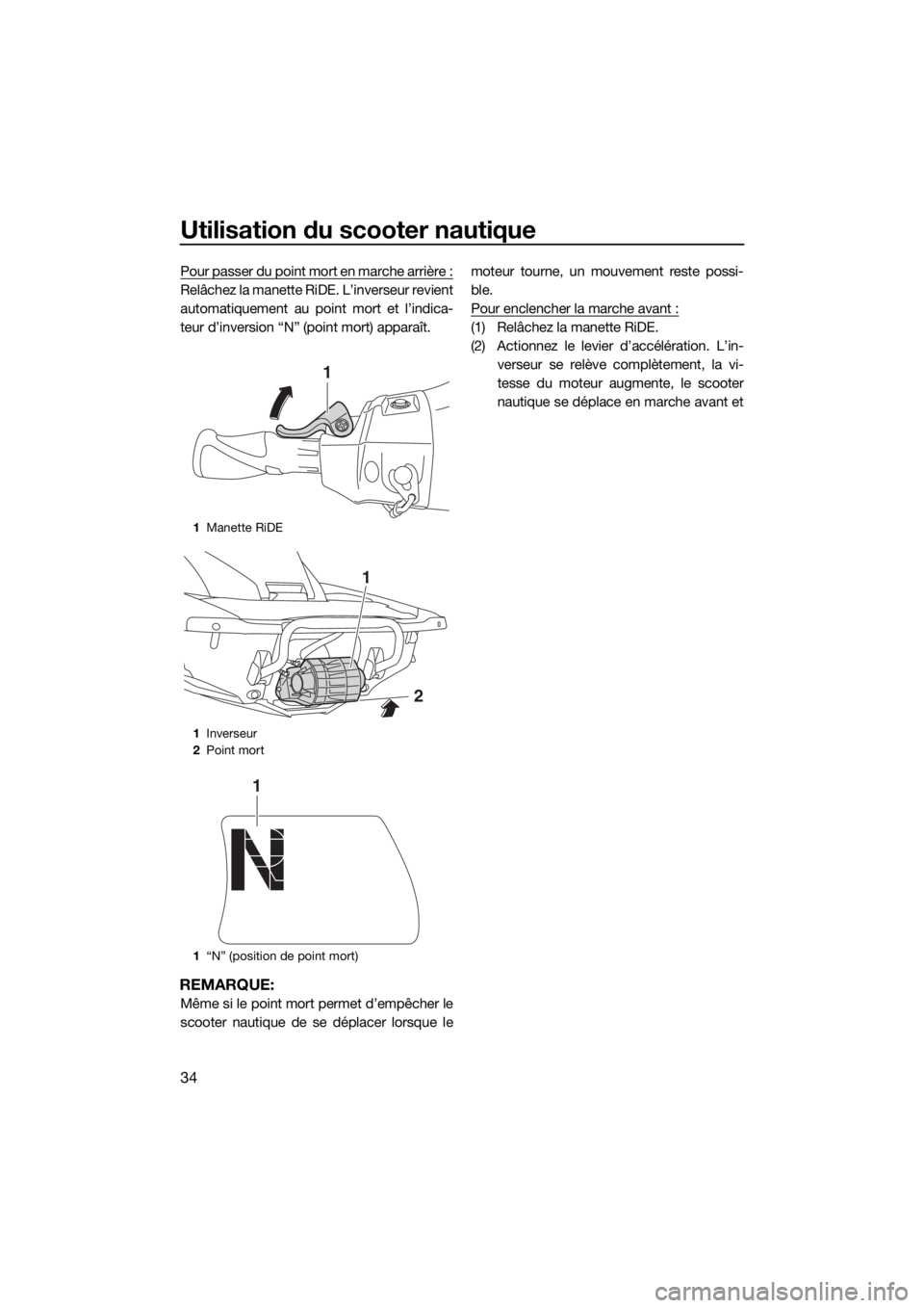 YAMAHA FX HO CRUISER 2018  Notices Demploi (in French) Utilisation du scooter nautique
34
Pour passer du point mort en marche arrière :
Relâchez la manette RiDE. L’inverseur revient
automatiquement au point mort et l’indica-
teur d’inversion “N