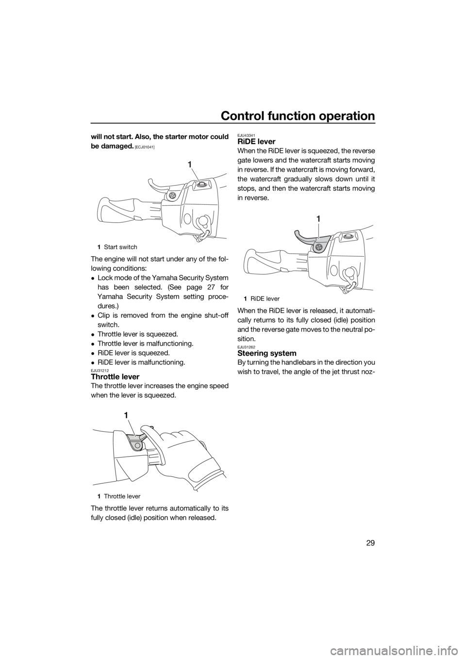 YAMAHA FX HO CRUISER 2015  Owners Manual Control function operation
29
will not start. Also, the starter motor could
be damaged.
 [ECJ01041]
The engine will not start under any of the fol-
lowing conditions:
Lock mode of the Yamaha Securi