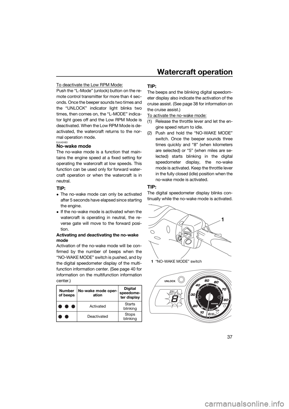 YAMAHA FX HO CRUISER 2015  Owners Manual Watercraft operation
37
To deactivate the Low RPM Mode:
Push the “L-Mode” (unlock) button on the re-
mote control transmitter for more than 4 sec-
onds. Once the beeper sounds two times and
the 