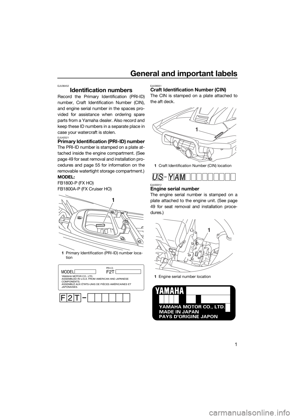 YAMAHA FX HO CRUISER 2015  Owners Manual General and important labels
1
EJU36452
Identification numbers
Record the Primary Identification (PRI-ID)
number, Craft Identification Number (CIN),
and engine serial number in the spaces pro-
vided f