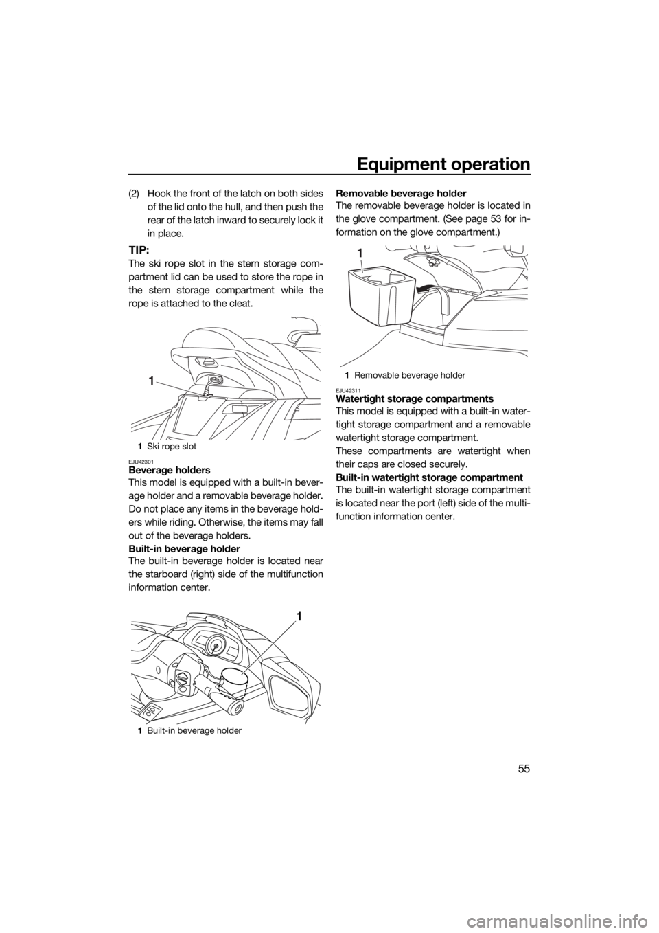 YAMAHA FX HO CRUISER 2015  Owners Manual Equipment operation
55
(2) Hook the front of the latch on both sides
of the lid onto the hull, and then push the
rear of the latch inward to securely lock it
in place.
TIP:
The ski rope slot in the st