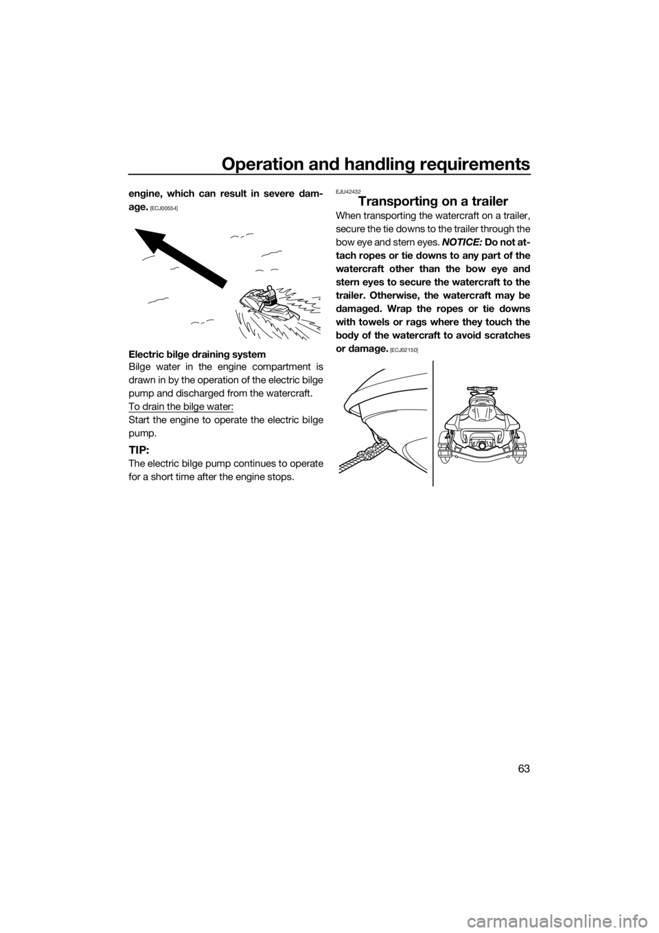YAMAHA FX HO CRUISER 2015  Owners Manual Operation and handling requirements
63
engine, which can result in severe dam-
age.
 [ECJ00554]
Electric bilge draining system
Bilge water in the engine compartment is
drawn in by the operation of the