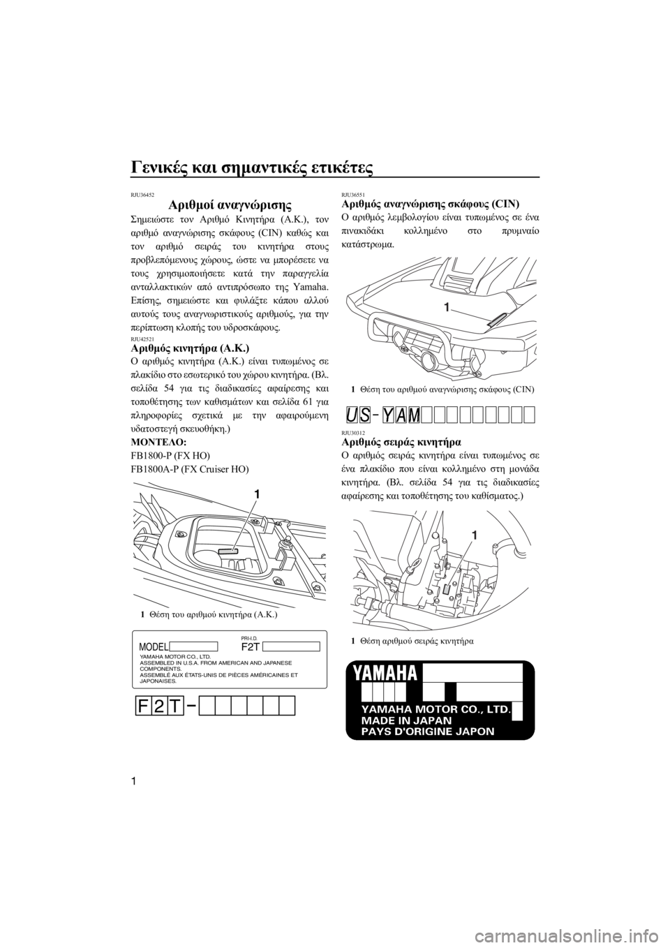 YAMAHA FX HO CRUISER 2015 ΟΔΗΓΌΣ ΧΡΉΣΗΣ (in Greek) Γενικές και σημαντικές ετικέτες
1
RJU36452
Αριθμοί αναγνώρισης
Σημειώστε τον Αριθμό Κινητήρα (Α.Κ.), τον
αριθμό αν YAMAHA FX HO CRUISER 2015 ΟΔΗΓΌΣ ΧΡΉΣΗΣ (in Greek) Γενικές και σημαντικές ετικέτες
1
RJU36452
Αριθμοί αναγνώρισης
Σημειώστε τον Αριθμό Κινητήρα (Α.Κ.), τον
αριθμό αν