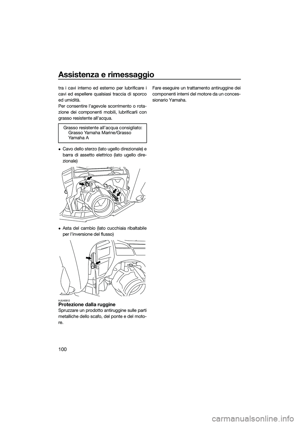 YAMAHA FX HO CRUISER 2015  Manuale duso (in Italian) Assistenza e rimessaggio
100
tra i cavi interno ed esterno per lubrificare i
cavi ed espellere qualsiasi traccia di sporco
ed umidità.
Per consentire l’agevole scorrimento o rota-
zione dei compone