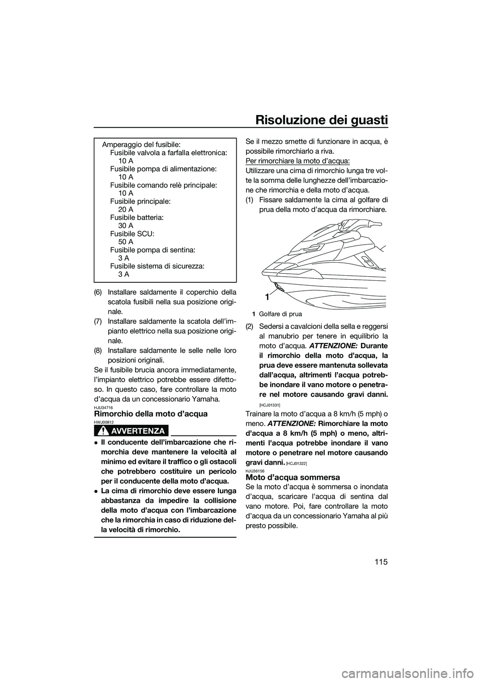 YAMAHA FX HO CRUISER 2015 Manuale duso (in Italian) Risoluzione dei guasti
115
(6) Installare saldamente il coperchio dellascatola fusibili nella sua posizione origi-
nale.
(7) Installare saldamente la scatola dell’im- pianto elettrico nella sua posi YAMAHA FX HO CRUISER 2015 Manuale duso (in Italian) Risoluzione dei guasti
115
(6) Installare saldamente il coperchio dellascatola fusibili nella sua posizione origi-
nale.
(7) Installare saldamente la scatola dell’im- pianto elettrico nella sua posi