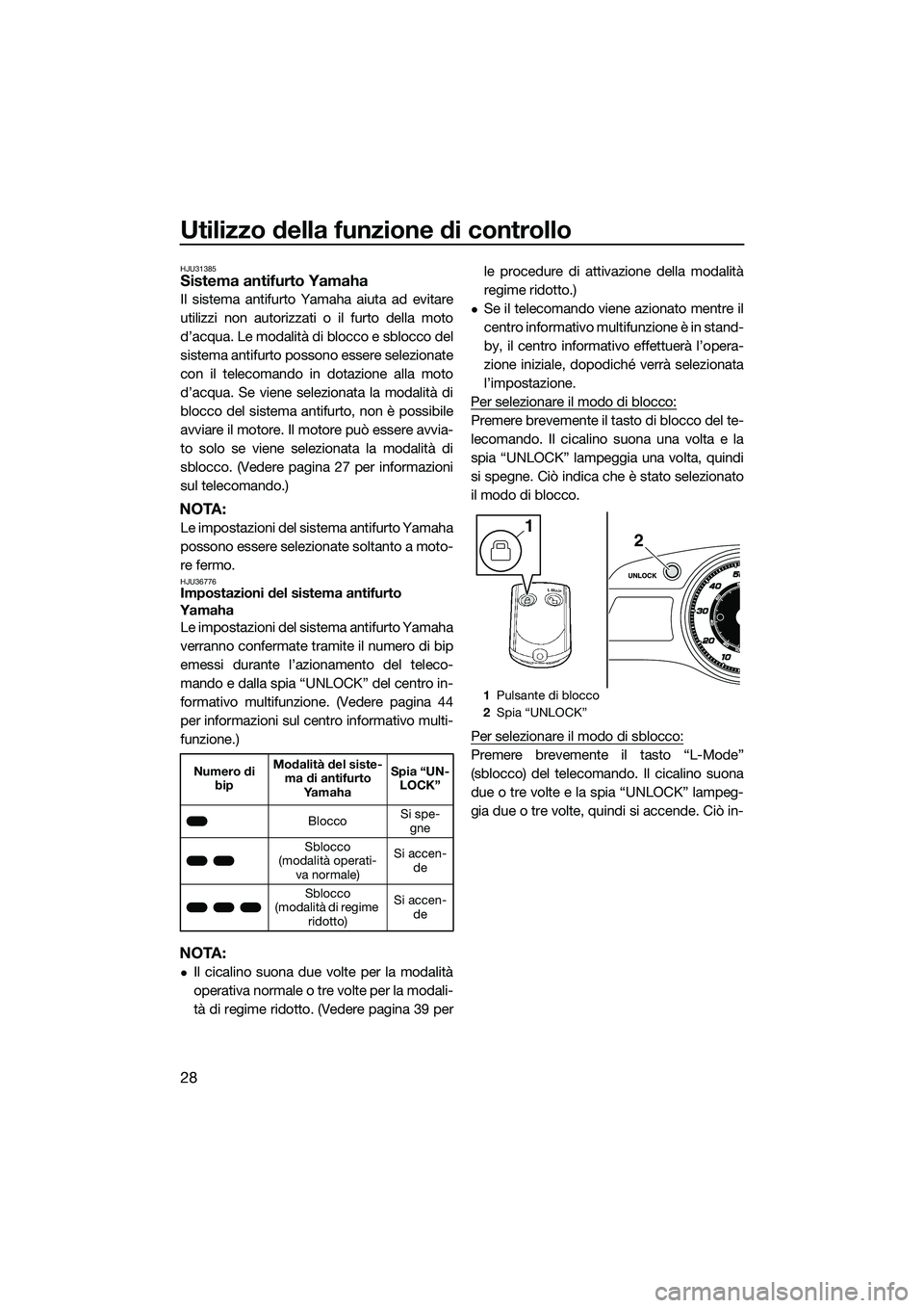 YAMAHA FX HO CRUISER 2015 Manuale duso (in Italian) Utilizzo della funzione di controllo
28
HJU31385Sistema antifurto Yamaha
Il sistema antifurto Yamaha aiuta ad evitare
utilizzi non autorizzati o il furto della moto
d’acqua. Le modalità di blocco e YAMAHA FX HO CRUISER 2015 Manuale duso (in Italian) Utilizzo della funzione di controllo
28
HJU31385Sistema antifurto Yamaha
Il sistema antifurto Yamaha aiuta ad evitare
utilizzi non autorizzati o il furto della moto
d’acqua. Le modalità di blocco e