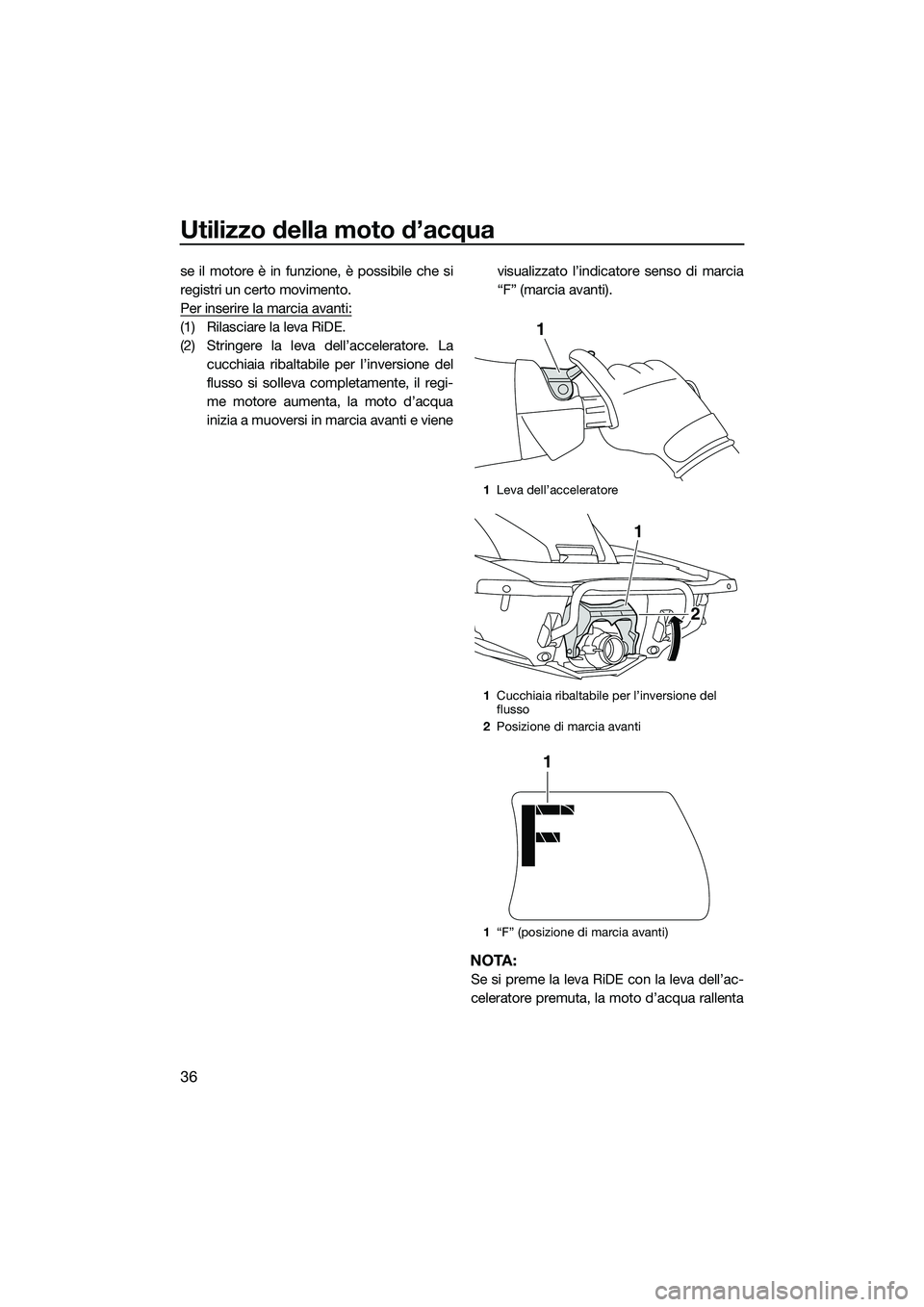 YAMAHA FX HO CRUISER 2015  Manuale duso (in Italian) Utilizzo della moto d’acqua
36
se il motore è in funzione, è possibile che si
registri un certo movimento.
Per inserire la marcia avanti:
(1) Rilasciare la leva RiDE.
(2) Stringere la leva dell’
