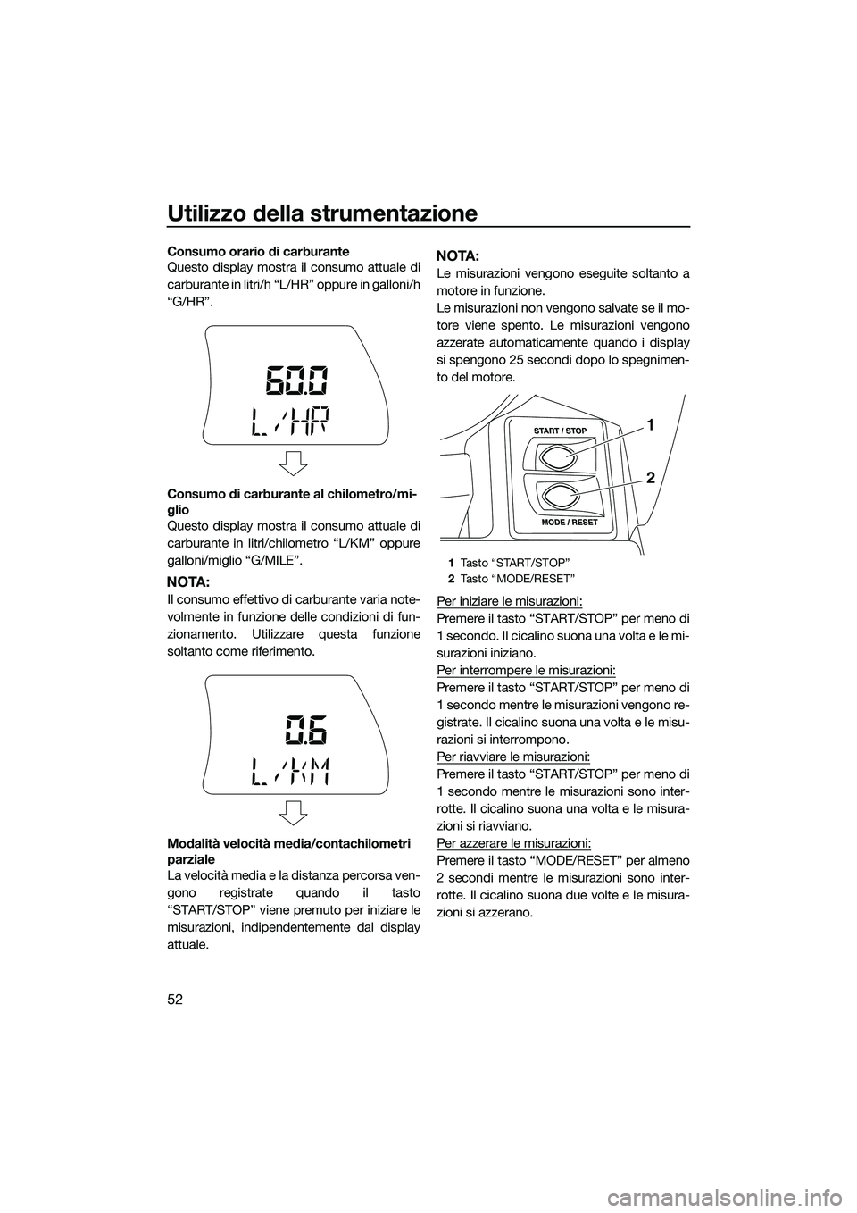 YAMAHA FX HO CRUISER 2015 Manuale duso (in Italian) Utilizzo della strumentazione
52
Consumo orario di carburante
Questo display mostra il consumo attuale di
carburante in litri/h “L/HR” oppure in galloni/h
“G/HR”.
Consumo di carburante al chil YAMAHA FX HO CRUISER 2015 Manuale duso (in Italian) Utilizzo della strumentazione
52
Consumo orario di carburante
Questo display mostra il consumo attuale di
carburante in litri/h “L/HR” oppure in galloni/h
“G/HR”.
Consumo di carburante al chil