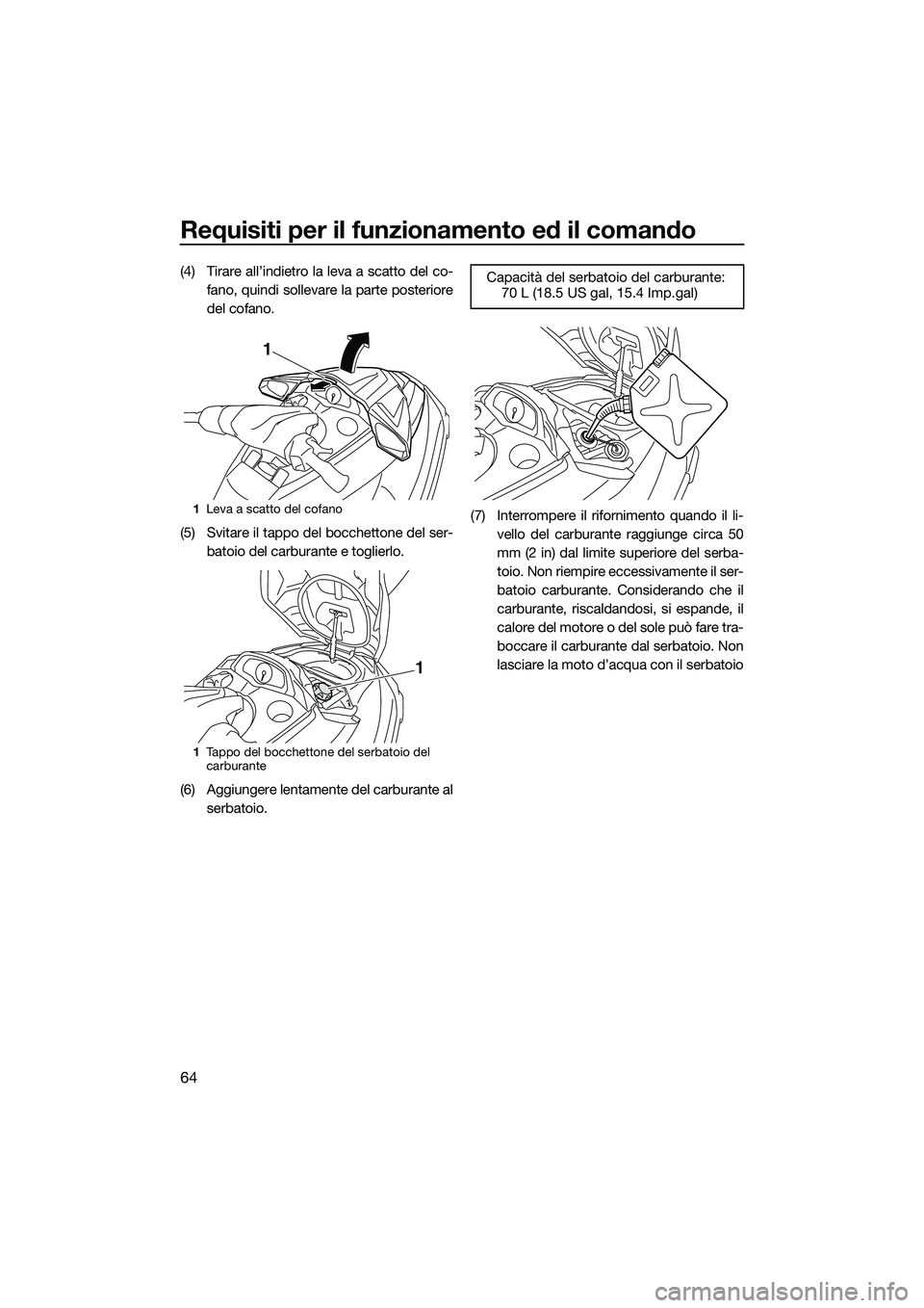 YAMAHA FX HO CRUISER 2015  Manuale duso (in Italian) Requisiti per il funzionamento ed il comando
64
(4) Tirare all’indietro la leva a scatto del co-fano, quindi sollevare la parte posteriore
del cofano.
(5) Svitare il tappo del bocchettone del ser- b