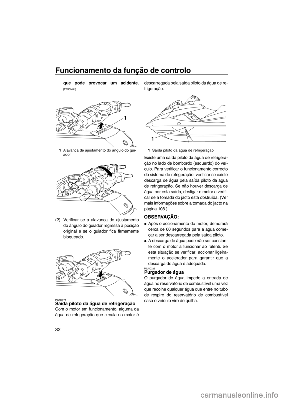 YAMAHA FX HO CRUISER 2012  Manual de utilização (in Portuguese) Funcionamento da função de controlo
32
que pode provocar um acidente.
[PWJ00041]
(2) Verificar se a alavanca de ajustamento
do ângulo do guiador regressa à posição
original e se o guiador fica f