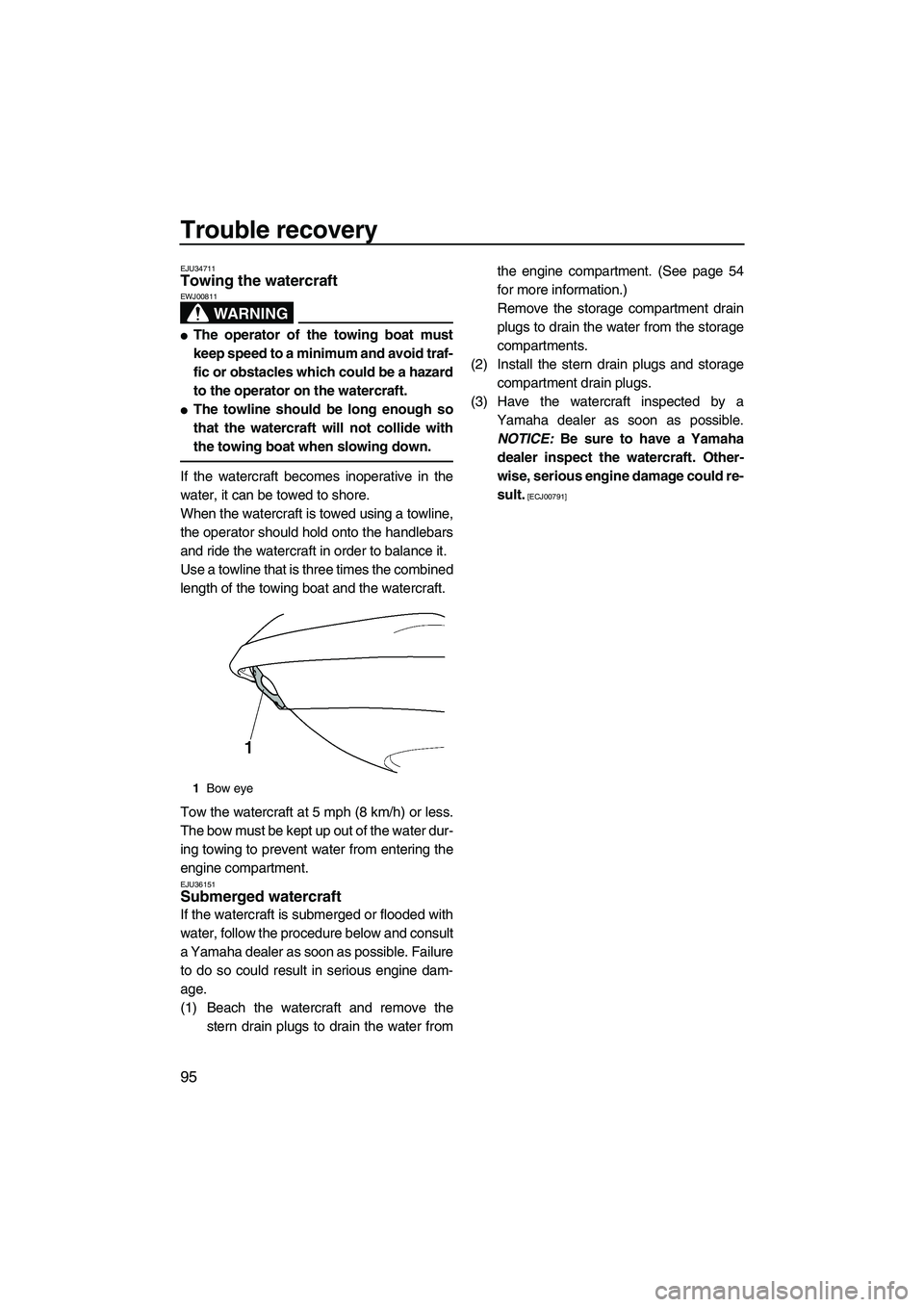 YAMAHA FX HO CRUISER 2009 Owners Manual Trouble recovery
95
EJU34711Towing the watercraft
WARNING
EWJ00811
The operator of the towing boat must
keep speed to a minimum and avoid traf-
fic or obstacles which could be a hazard
to the operat YAMAHA FX HO CRUISER 2009 Owners Manual Trouble recovery
95
EJU34711Towing the watercraft
WARNING
EWJ00811
The operator of the towing boat must
keep speed to a minimum and avoid traf-
fic or obstacles which could be a hazard
to the operat