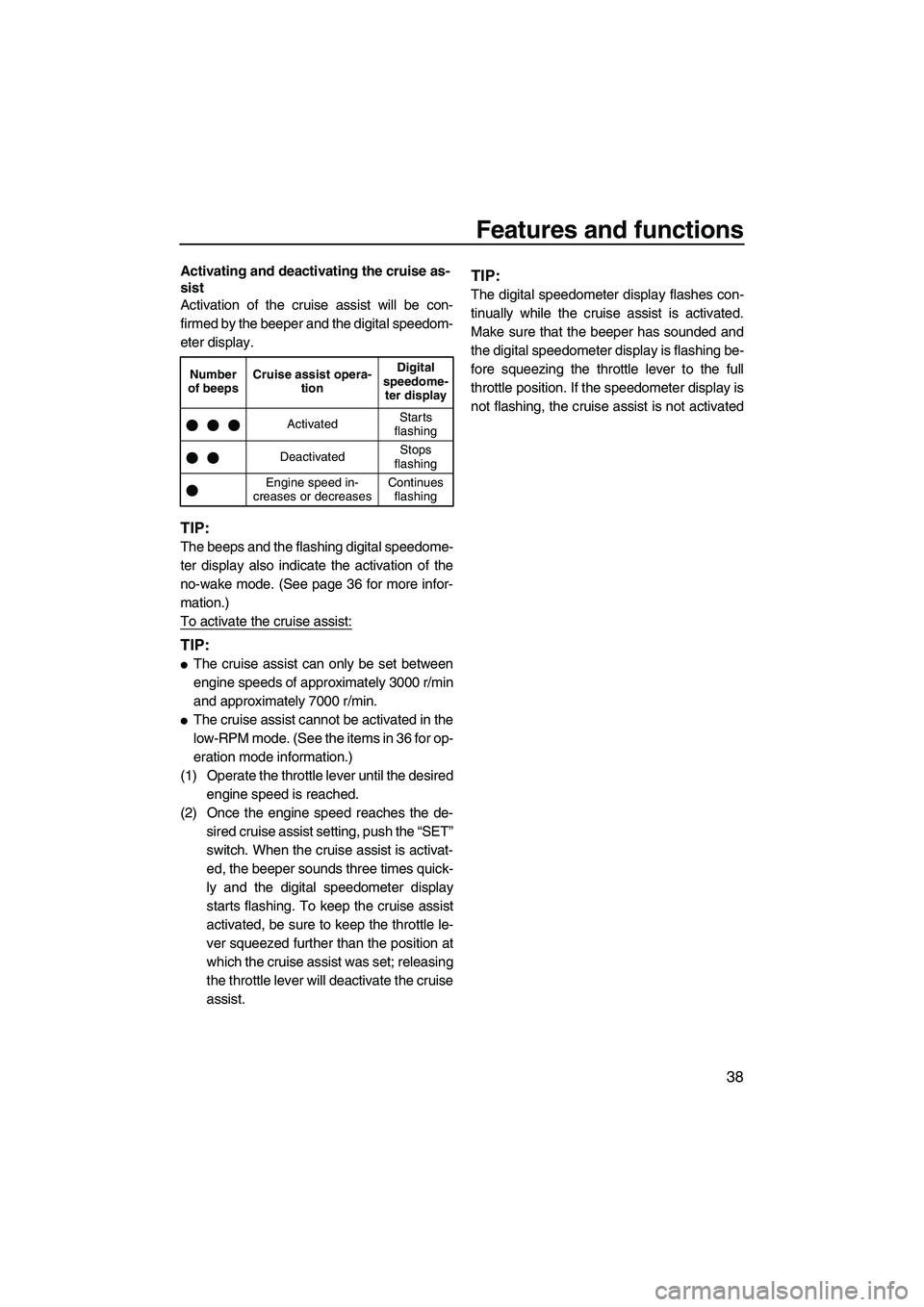 YAMAHA FX HO CRUISER 2009 Owners Manual Features and functions
38
Activating and deactivating the cruise as-
sist
Activation of the cruise assist will be con-
firmed by the beeper and the digital speedom-
eter display.
TIP:
The beeps and th YAMAHA FX HO CRUISER 2009 Owners Manual Features and functions
38
Activating and deactivating the cruise as-
sist
Activation of the cruise assist will be con-
firmed by the beeper and the digital speedom-
eter display.
TIP:
The beeps and th
