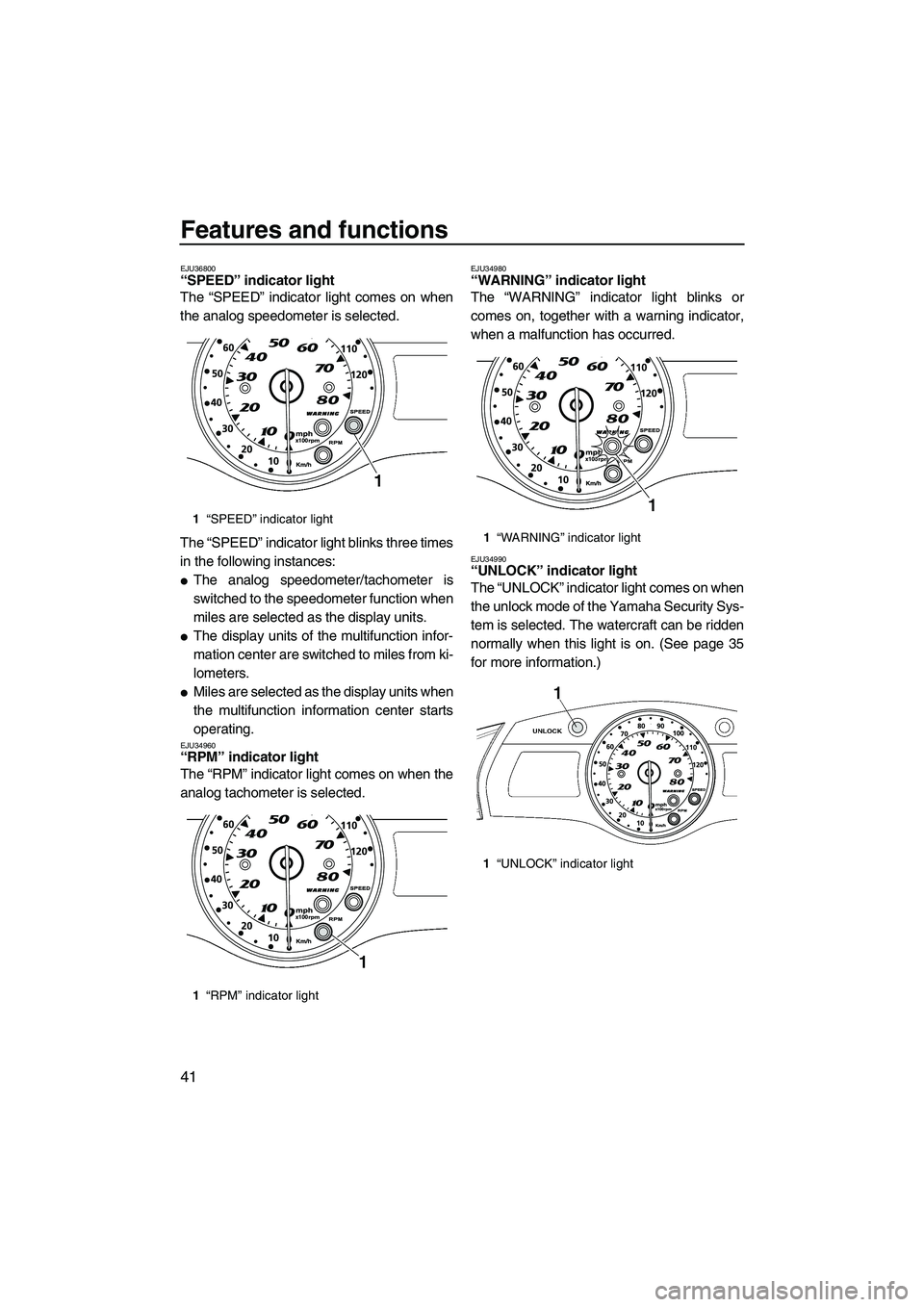 YAMAHA FX HO CRUISER 2009 Owners Manual Features and functions
41
EJU36800“SPEED” indicator light
The “SPEED” indicator light comes on when
the analog speedometer is selected.
The “SPEED” indicator light blinks three times
in t YAMAHA FX HO CRUISER 2009 Owners Manual Features and functions
41
EJU36800“SPEED” indicator light
The “SPEED” indicator light comes on when
the analog speedometer is selected.
The “SPEED” indicator light blinks three times
in t