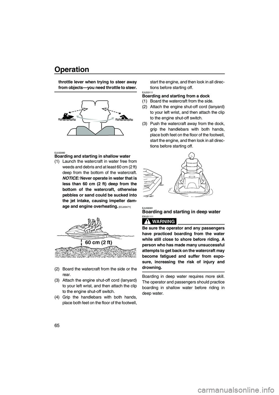 YAMAHA FX HO CRUISER 2009 Owners Manual Operation
65
throttle lever when trying to steer away
from objects—you need throttle to steer.
EJU33092Boarding and starting in shallow water
(1) Launch the watercraft in water free from
weeds and YAMAHA FX HO CRUISER 2009 Owners Manual Operation
65
throttle lever when trying to steer away
from objects—you need throttle to steer.
EJU33092Boarding and starting in shallow water
(1) Launch the watercraft in water free from
weeds and