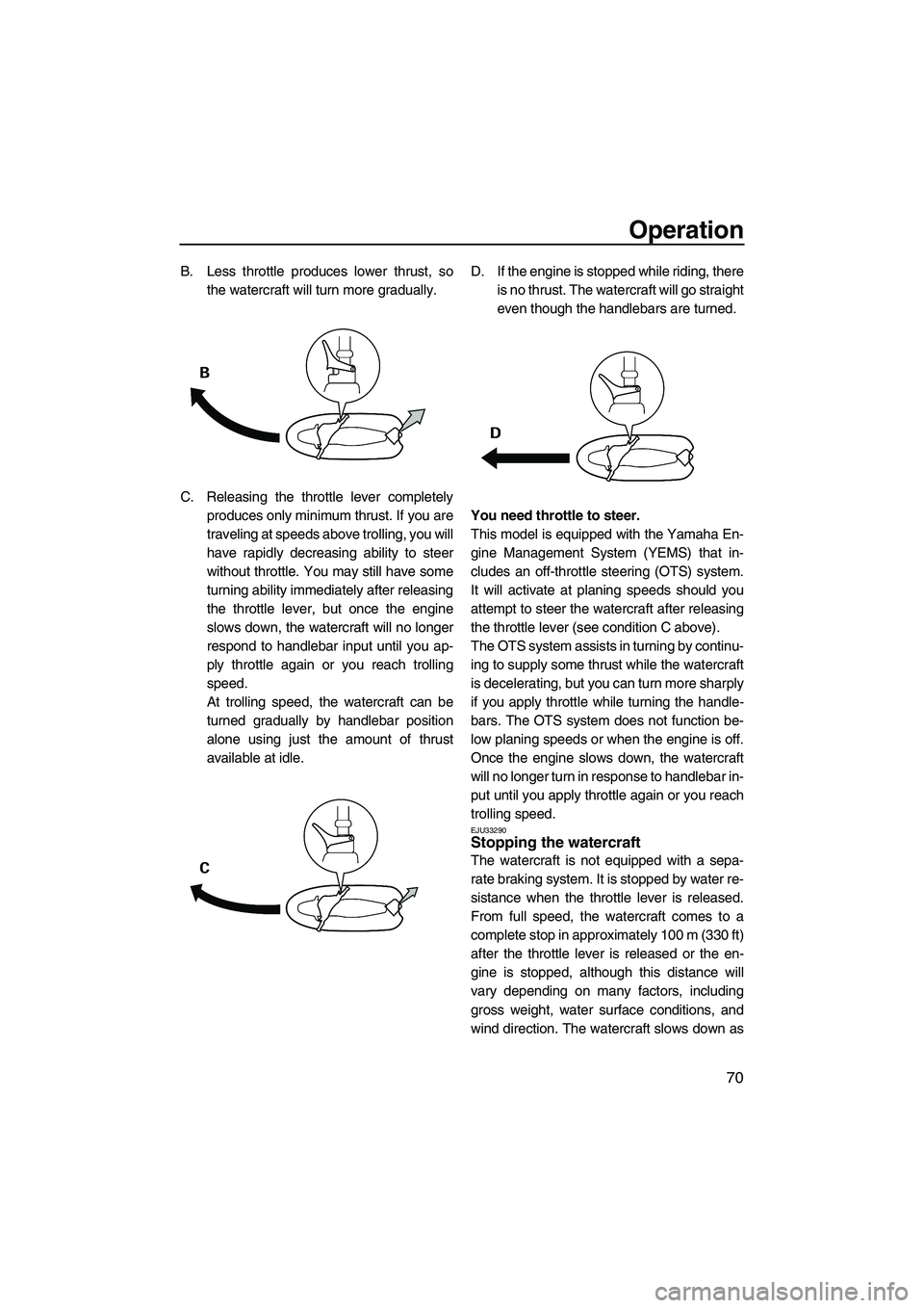 YAMAHA FX HO CRUISER 2009 Owners Manual Operation
70
B. Less throttle produces lower thrust, so
the watercraft will turn more gradually.
C. Releasing the throttle lever completely
produces only minimum thrust. If you are
traveling at speeds YAMAHA FX HO CRUISER 2009 Owners Manual Operation
70
B. Less throttle produces lower thrust, so
the watercraft will turn more gradually.
C. Releasing the throttle lever completely
produces only minimum thrust. If you are
traveling at speeds