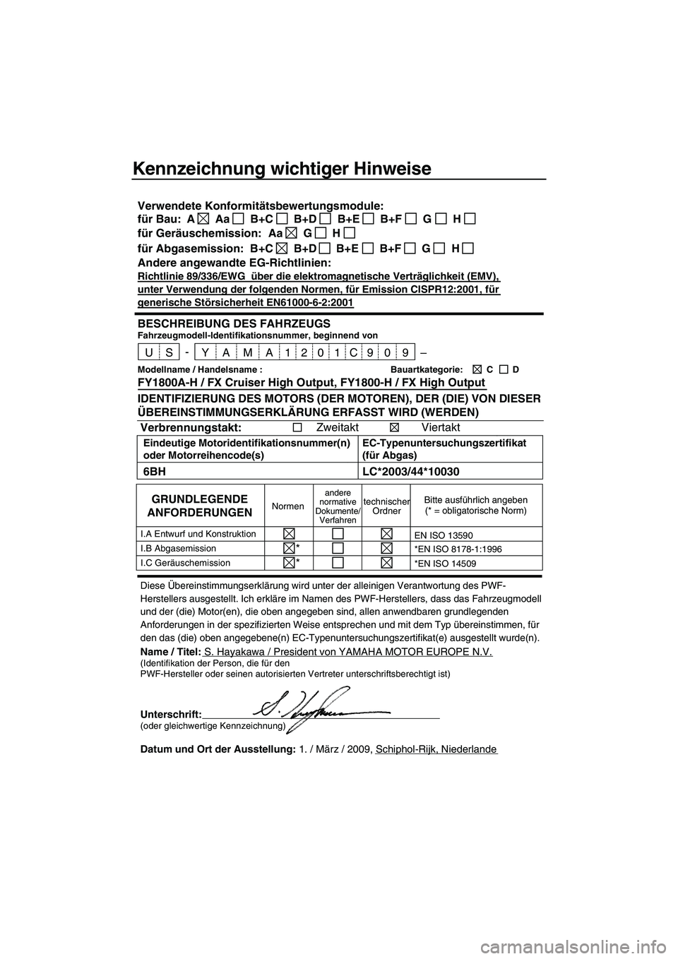 YAMAHA FX HO CRUISER 2009 Betriebsanleitungen (in German) Kennzeichnung wichtiger Hinweise
Diese Übereinstimmungserklärung wird unter der alleinigen Verantwortung des PWF-
Herstellers ausgestellt. Ich erkläre im Namen des PWF-Herstellers, dass das Fahrzeu YAMAHA FX HO CRUISER 2009 Betriebsanleitungen (in German) Kennzeichnung wichtiger Hinweise
Diese Übereinstimmungserklärung wird unter der alleinigen Verantwortung des PWF-
Herstellers ausgestellt. Ich erkläre im Namen des PWF-Herstellers, dass das Fahrzeu