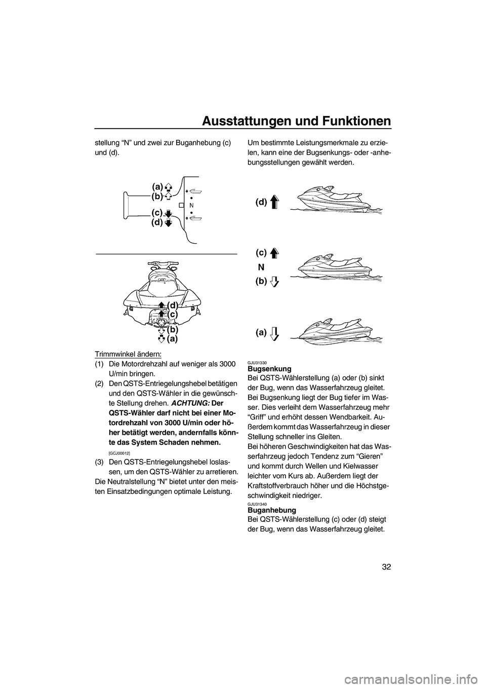 YAMAHA FX HO CRUISER 2009 Betriebsanleitungen (in German) Ausstattungen und Funktionen
32
stellung “N” und zwei zur Buganhebung (c)
und (d).
Trimmwinkel ändern:
(1) Die Motordrehzahl auf weniger als 3000
U/min bringen.
(2) Den QSTS-Entriegelungshebel YAMAHA FX HO CRUISER 2009 Betriebsanleitungen (in German) Ausstattungen und Funktionen
32
stellung “N” und zwei zur Buganhebung (c)
und (d).
Trimmwinkel ändern:
(1) Die Motordrehzahl auf weniger als 3000
U/min bringen.
(2) Den QSTS-Entriegelungshebel