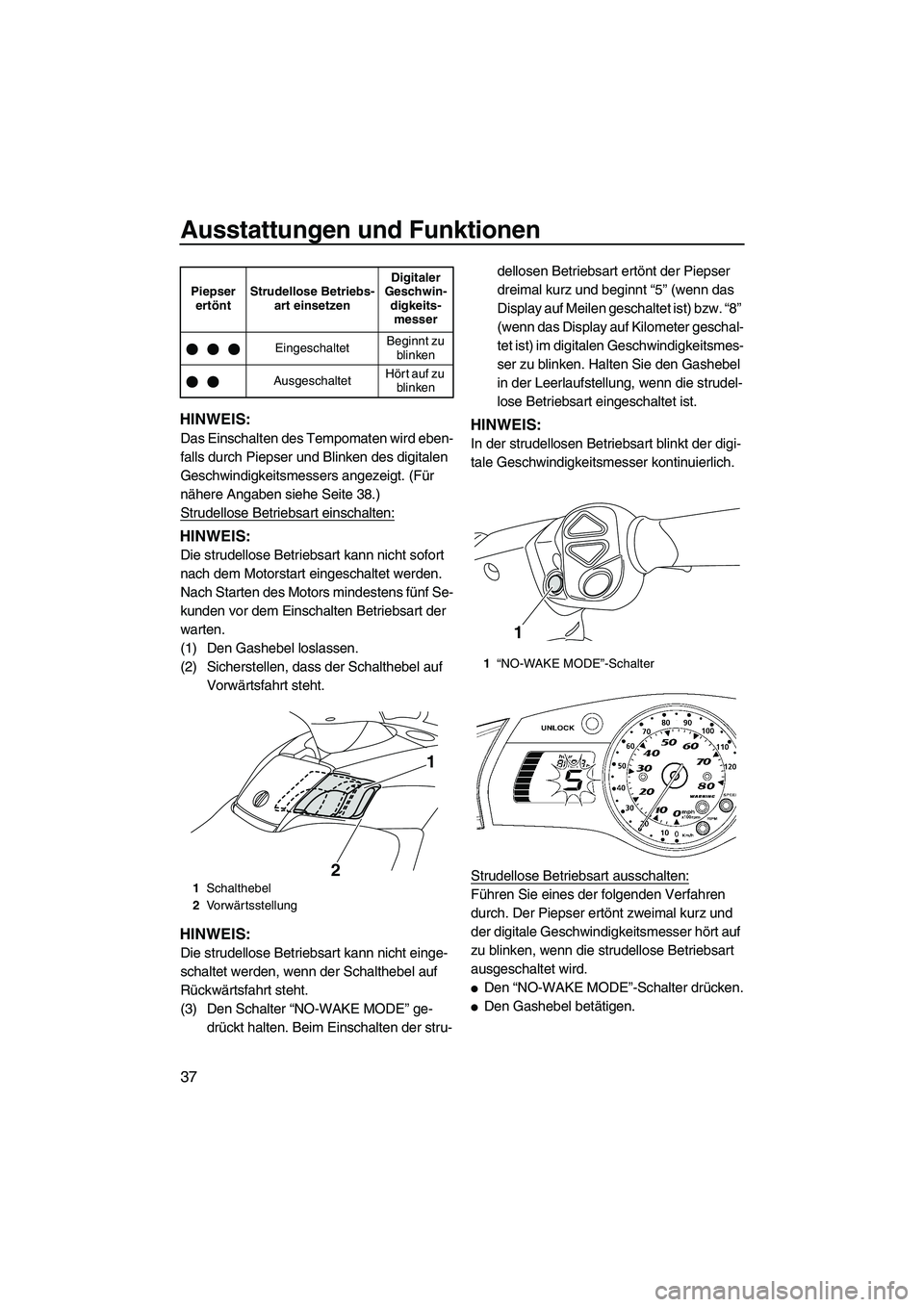 YAMAHA FX HO CRUISER 2009 Betriebsanleitungen (in German) Ausstattungen und Funktionen
37
HINWEIS:
Das Einschalten des Tempomaten wird eben-
falls durch Piepser und Blinken des digitalen
Geschwindigkeitsmessers angezeigt. (Für
nähere Angaben siehe Seite YAMAHA FX HO CRUISER 2009 Betriebsanleitungen (in German) Ausstattungen und Funktionen
37
HINWEIS:
Das Einschalten des Tempomaten wird eben-
falls durch Piepser und Blinken des digitalen
Geschwindigkeitsmessers angezeigt. (Für
nähere Angaben siehe Seite