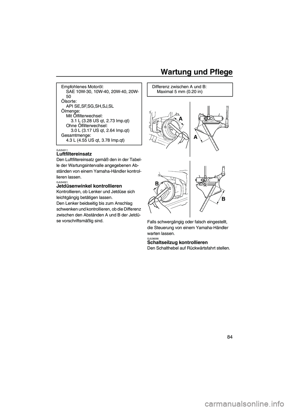 YAMAHA FX HO CRUISER 2009 Betriebsanleitungen (in German) Wartung und Pflege
84
GJU34311Luftfiltereinsatz
Den Luftfiltereinsatz gemäß den in der Tabel-
le der Wartungsintervalle angegebenen Ab-
ständen von einem Yamaha-Händler kontrol-
lieren lassen.
GJ YAMAHA FX HO CRUISER 2009 Betriebsanleitungen (in German) Wartung und Pflege
84
GJU34311Luftfiltereinsatz
Den Luftfiltereinsatz gemäß den in der Tabel-
le der Wartungsintervalle angegebenen Ab-
ständen von einem Yamaha-Händler kontrol-
lieren lassen.
GJ