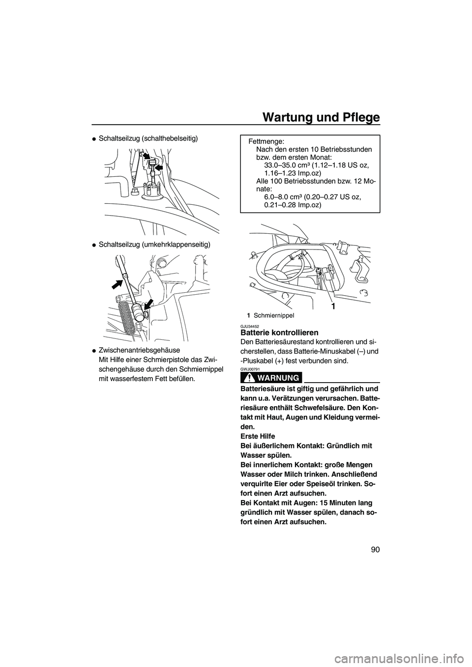 YAMAHA FX HO CRUISER 2009 Betriebsanleitungen (in German) Wartung und Pflege
90
Schaltseilzug (schalthebelseitig)
Schaltseilzug (umkehrklappenseitig)
Zwischenantriebsgehäuse
Mit Hilfe einer Schmierpistole das Zwi-
schengehäuse durch den Schmiernippel
m YAMAHA FX HO CRUISER 2009 Betriebsanleitungen (in German) Wartung und Pflege
90
Schaltseilzug (schalthebelseitig)
Schaltseilzug (umkehrklappenseitig)
Zwischenantriebsgehäuse
Mit Hilfe einer Schmierpistole das Zwi-
schengehäuse durch den Schmiernippel
m