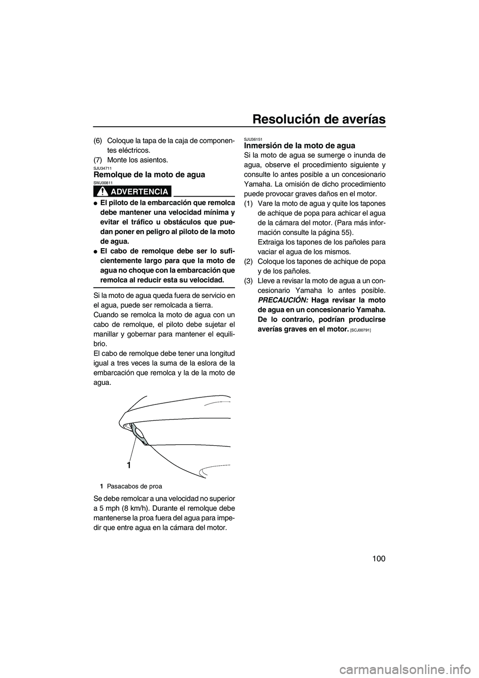 YAMAHA FX HO CRUISER 2009 Manuale de Empleo (in Spanish) Resolución de averías
100
(6) Coloque la tapa de la caja de componen-
tes eléctricos.
(7) Monte los asientos.
SJU34711Remolque de la moto de agua
ADVERTENCIA
SWJ00811
El piloto de la embarcación YAMAHA FX HO CRUISER 2009 Manuale de Empleo (in Spanish) Resolución de averías
100
(6) Coloque la tapa de la caja de componen-
tes eléctricos.
(7) Monte los asientos.
SJU34711Remolque de la moto de agua
ADVERTENCIA
SWJ00811
El piloto de la embarcación